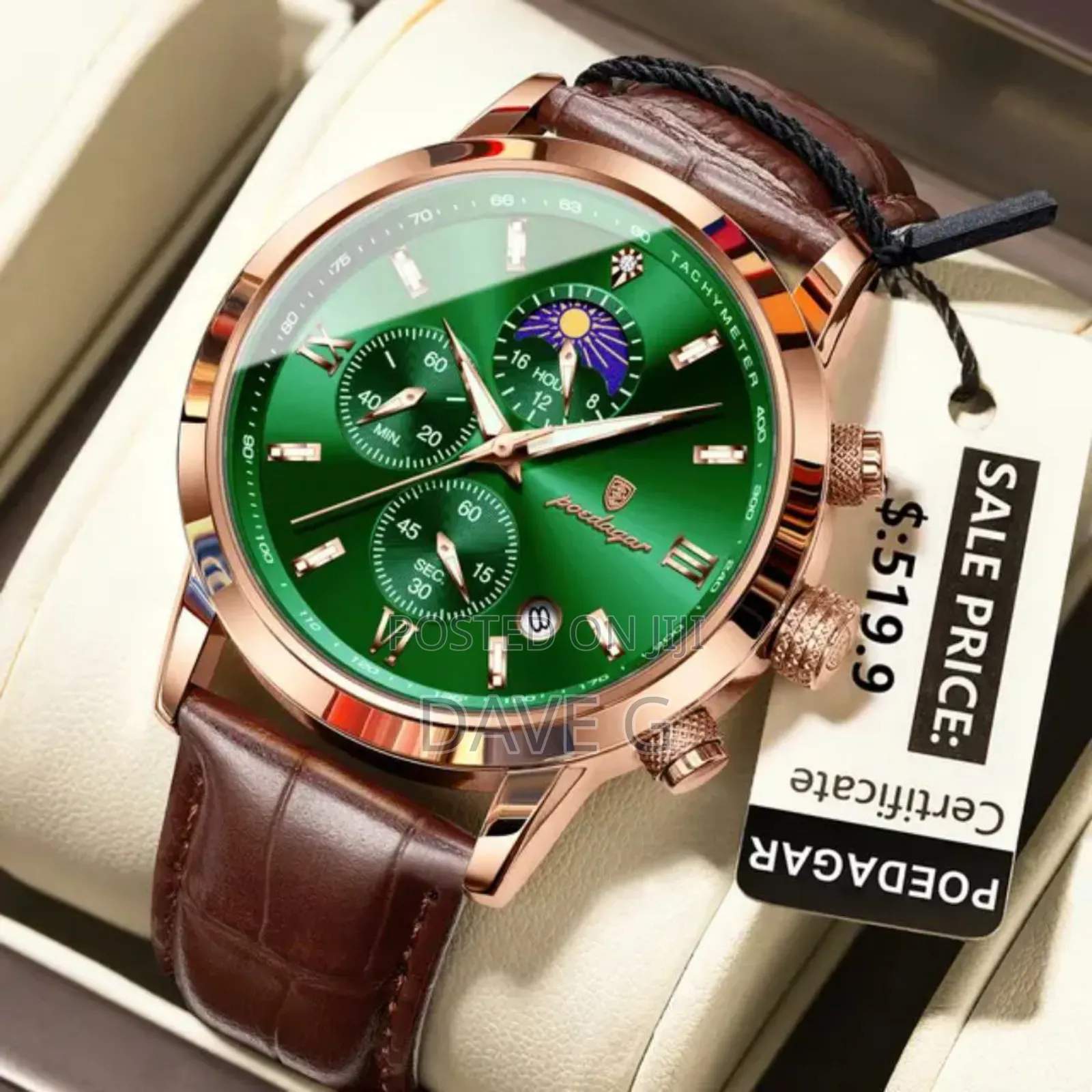 Poedagar Luxury Quartz Men's Watch With a Green Dial, Rose Gold-Tone