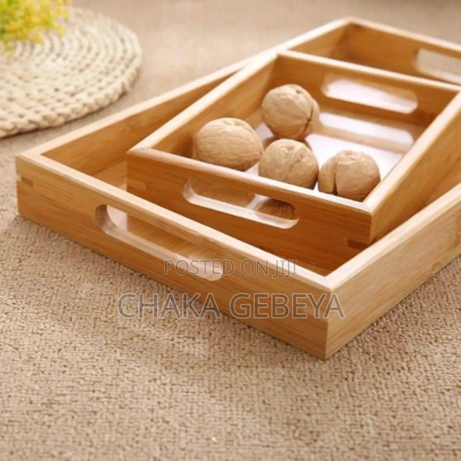 Premium 3-piece Bamboo Serving Tray Set - Metal Handles - 100% Quality