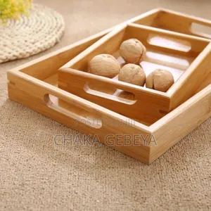 Photo - Premium 3-piece Bamboo Serving Tray Set - Metal Handles - 100% Quality