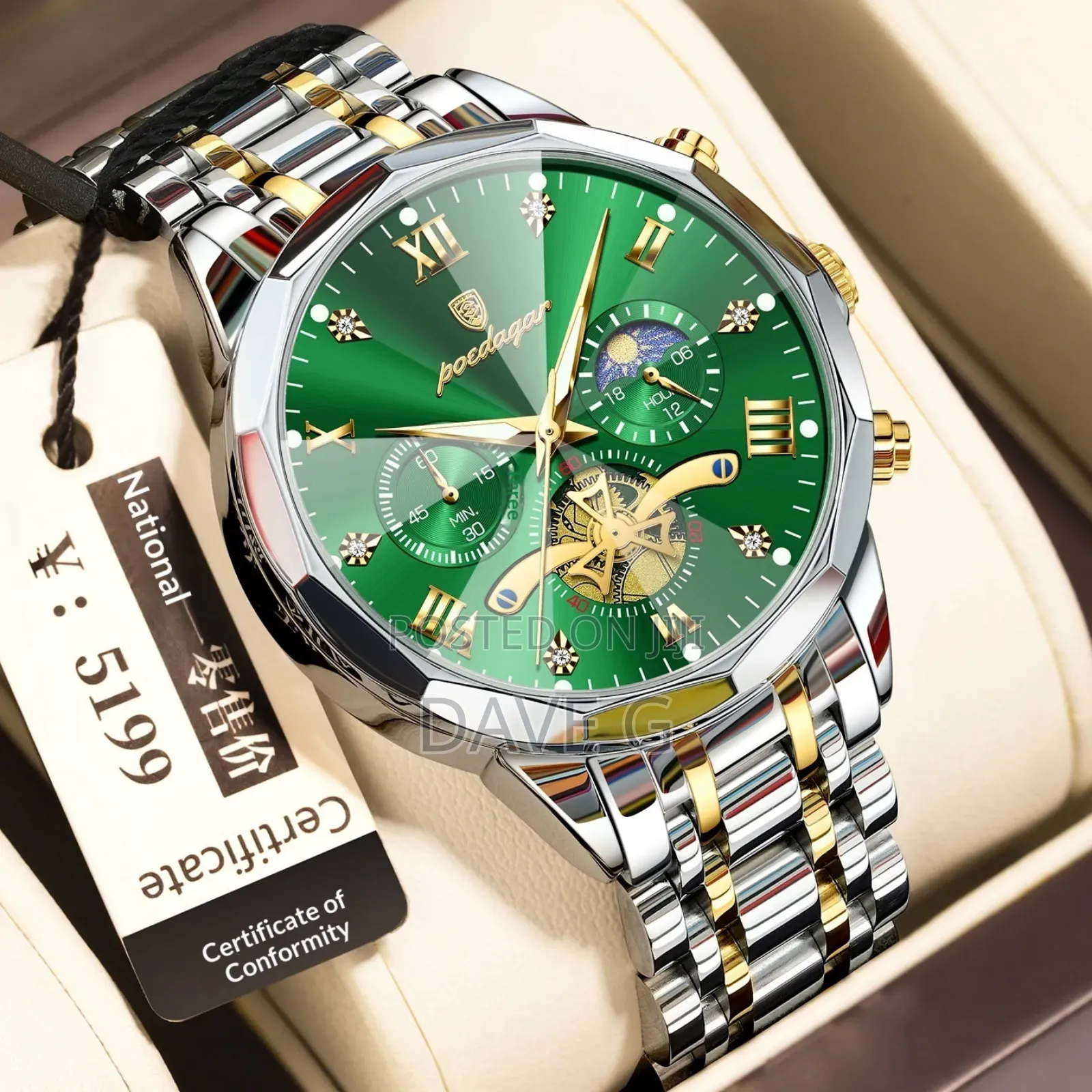 Poedagar Men's Luxury Quartz Wristwatch With a Green Dial