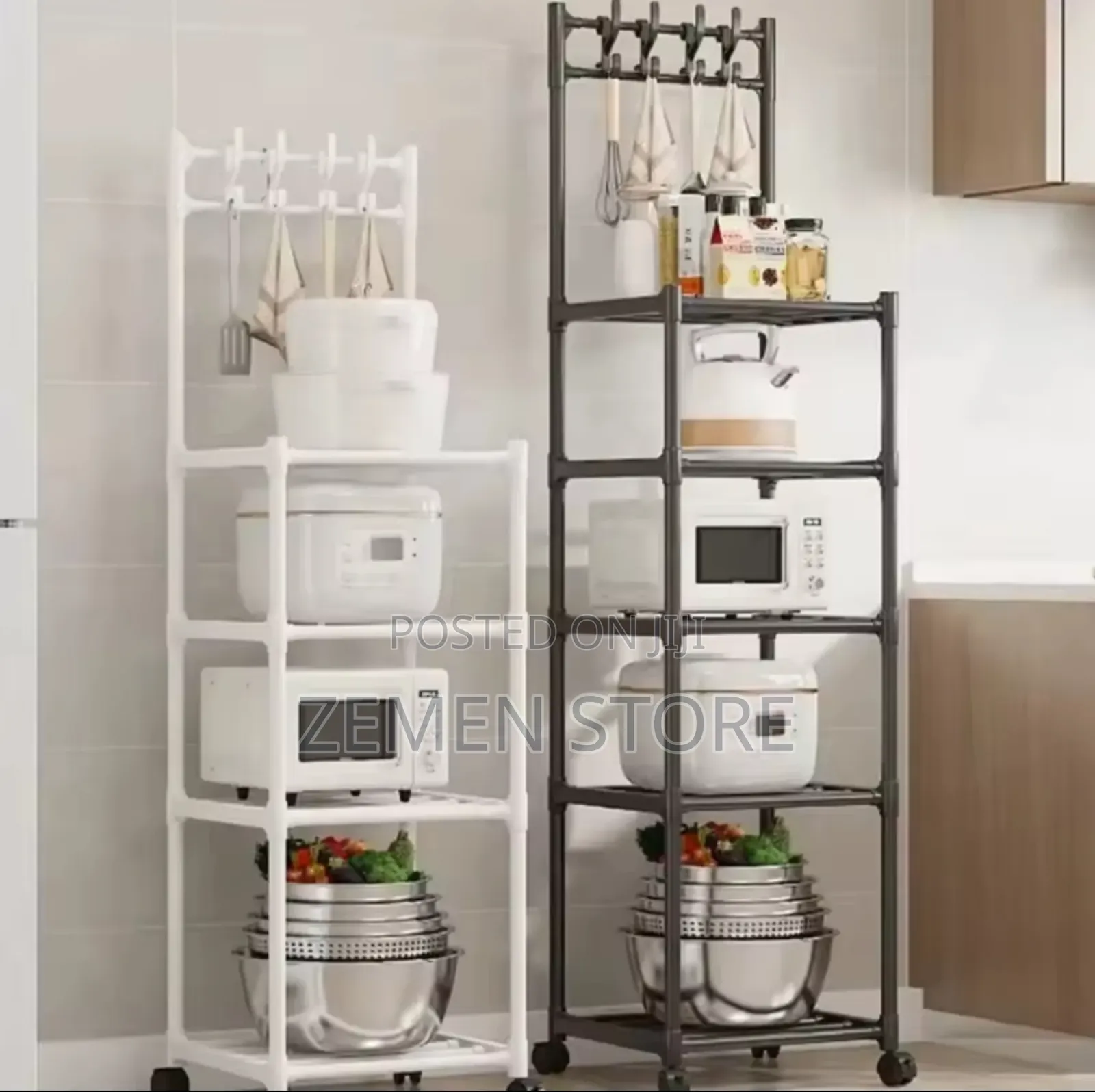 5-Tier Movable Kitchen Storage Rack With Hooks Wheels