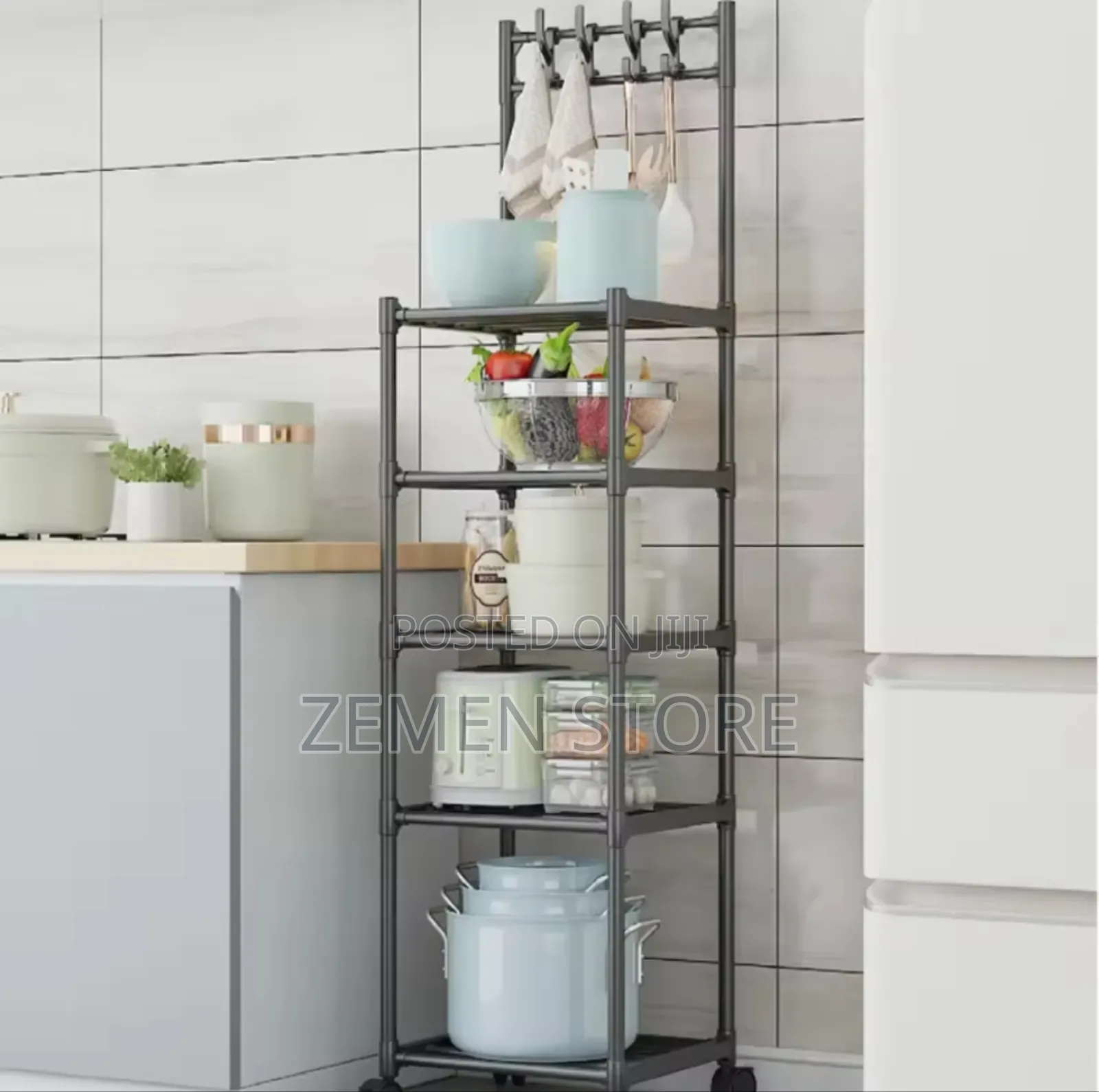 5-Tier Movable Kitchen Storage Rack With Hooks Wheels