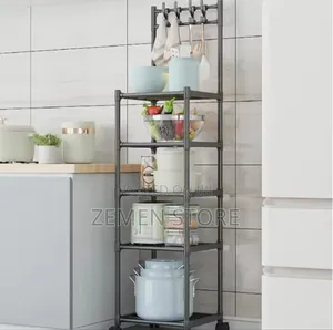 5-Tier Movable Kitchen Storage Rack With Hooks Wheels