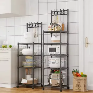 5-Tier Movable Kitchen Storage Rack With Hooks Wheels