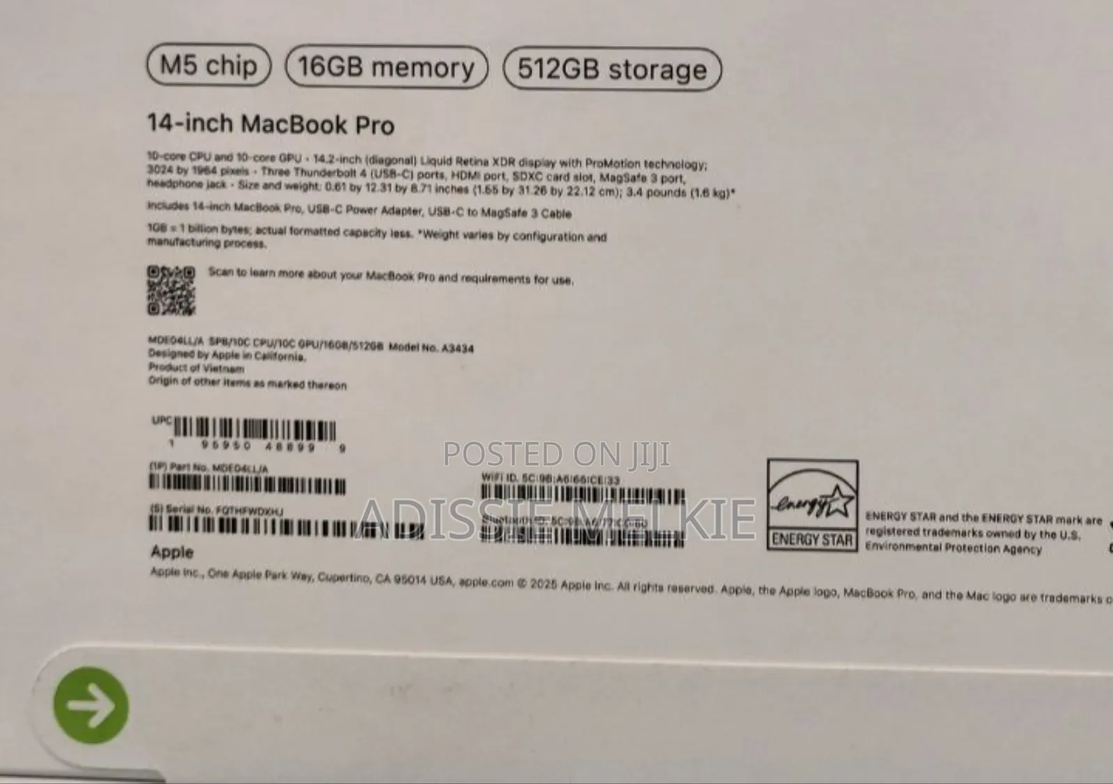 New Laptop Apple Macbook Pro 2025 M5 14-Inch 16GB Apple M5 SSD 512GB