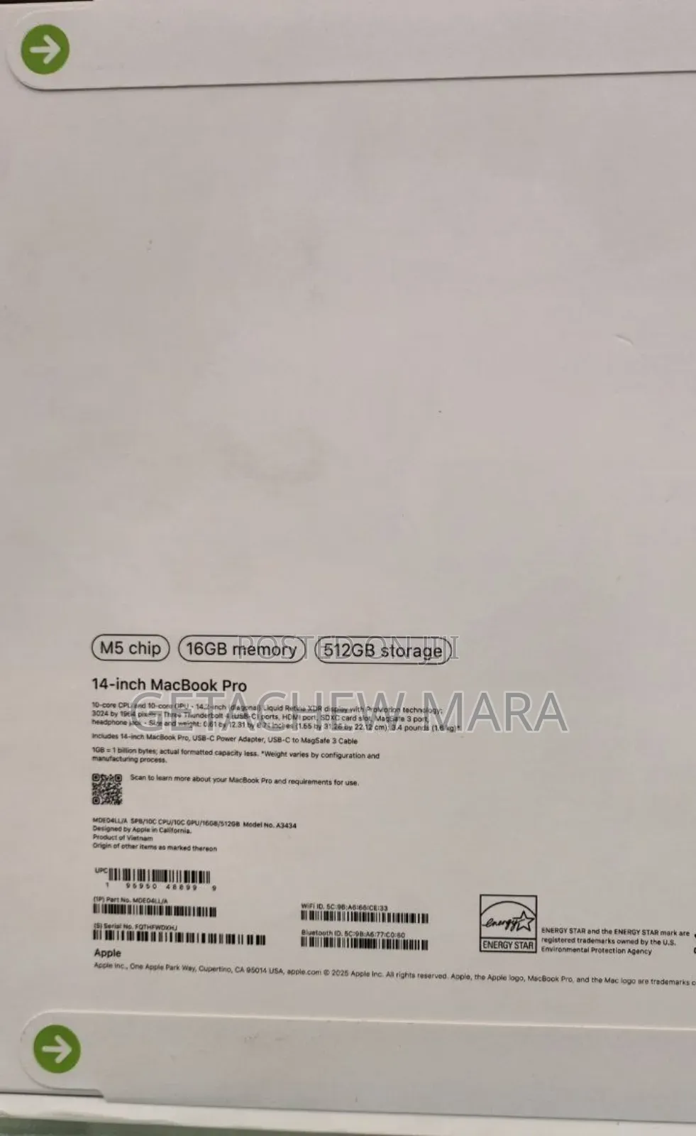 New Laptop Apple Macbook Pro 2025 M5 14-Inch 16GB Apple M5 SSD 512GB