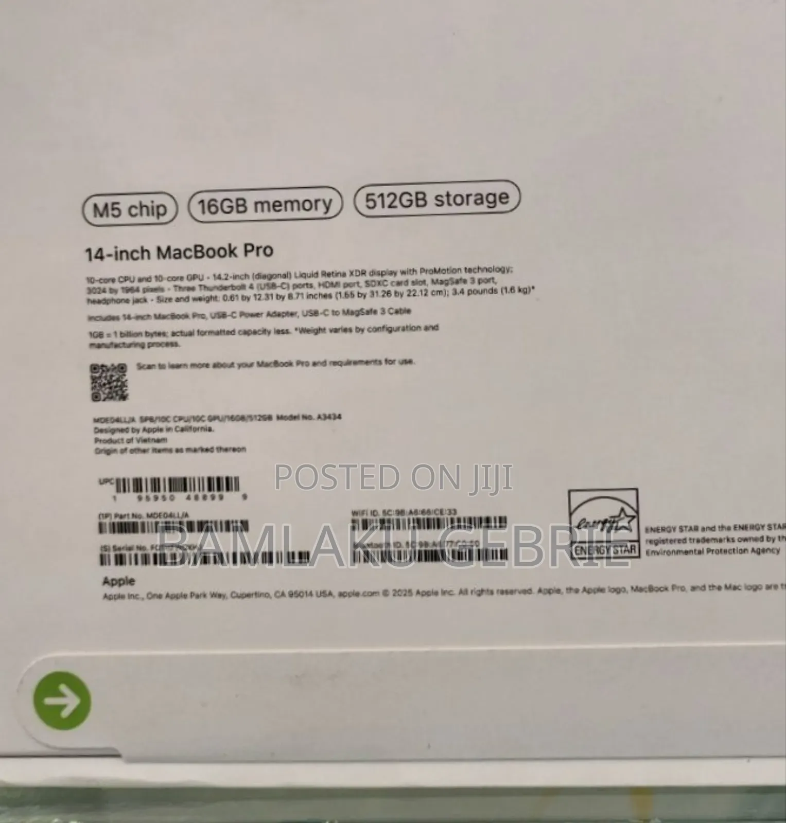 New Laptop Apple Macbook Pro 2025 M5 14-Inch 16GB Apple M5 SSD 512GB