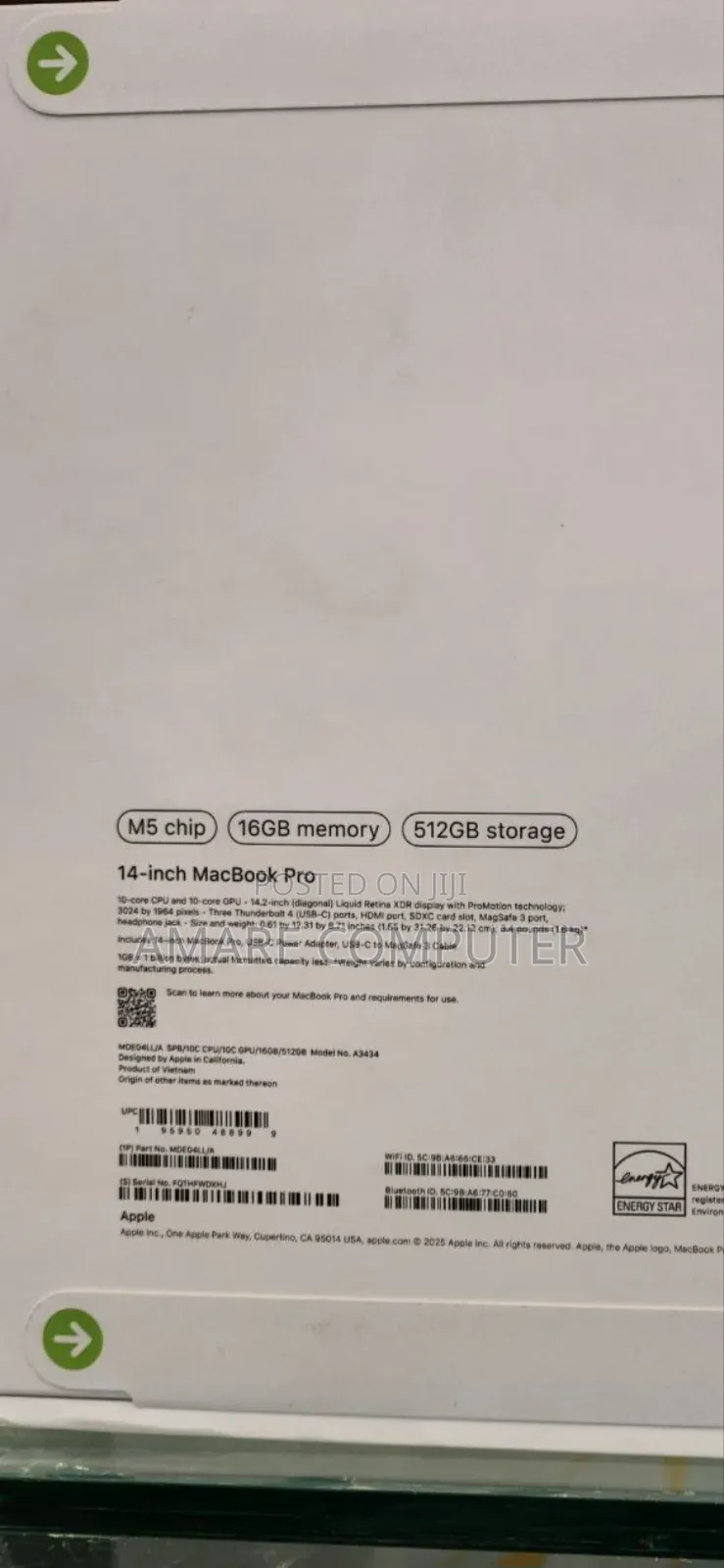 New Laptop Apple Macbook Pro 2025 M5 14-Inch 16GB Apple M5 SSD 512GB