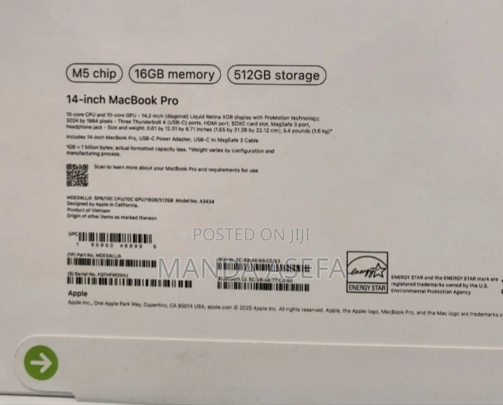 New Laptop Apple Macbook Pro 2025 M5 14-Inch 16GB Apple M5 SSD 512GB