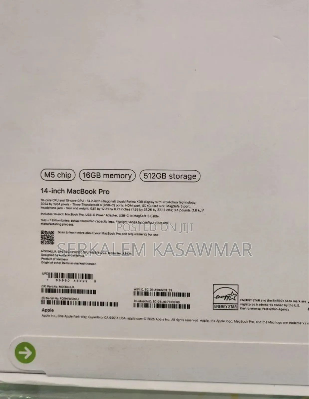 New Laptop Apple MacBook Pro 16GB Apple M5 SSD 512GB