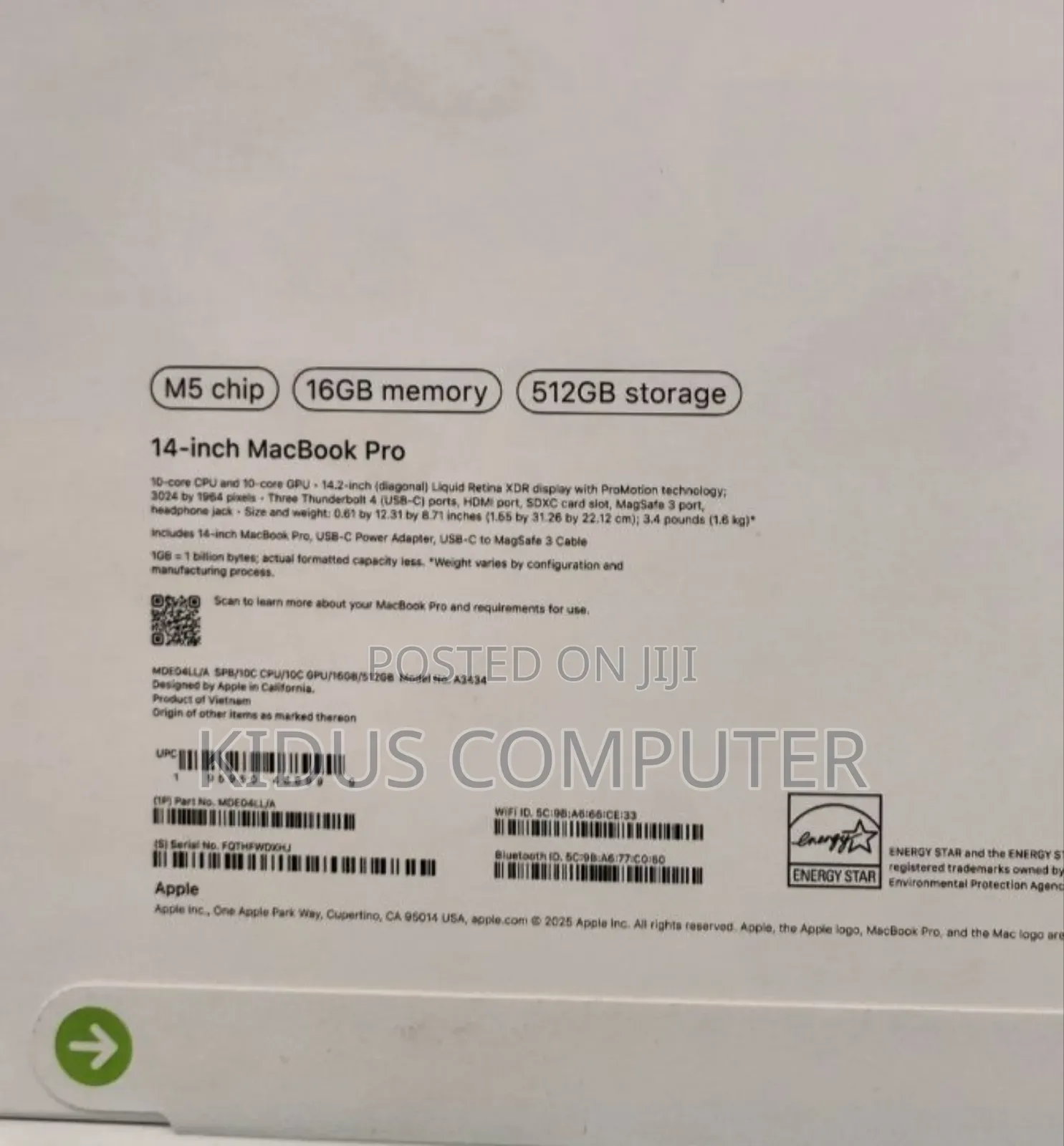 New Laptop Apple Macbook Pro 2025 M5 14-Inch 16GB Apple M5 SSD 512GB