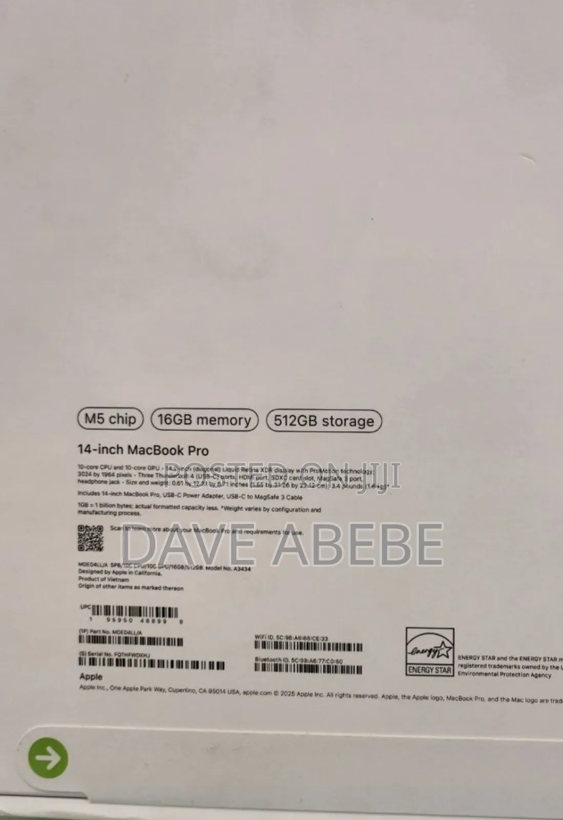 New Laptop Apple Macbook Pro 2025 M5 14-Inch 16GB Apple M5 SSD 512GB