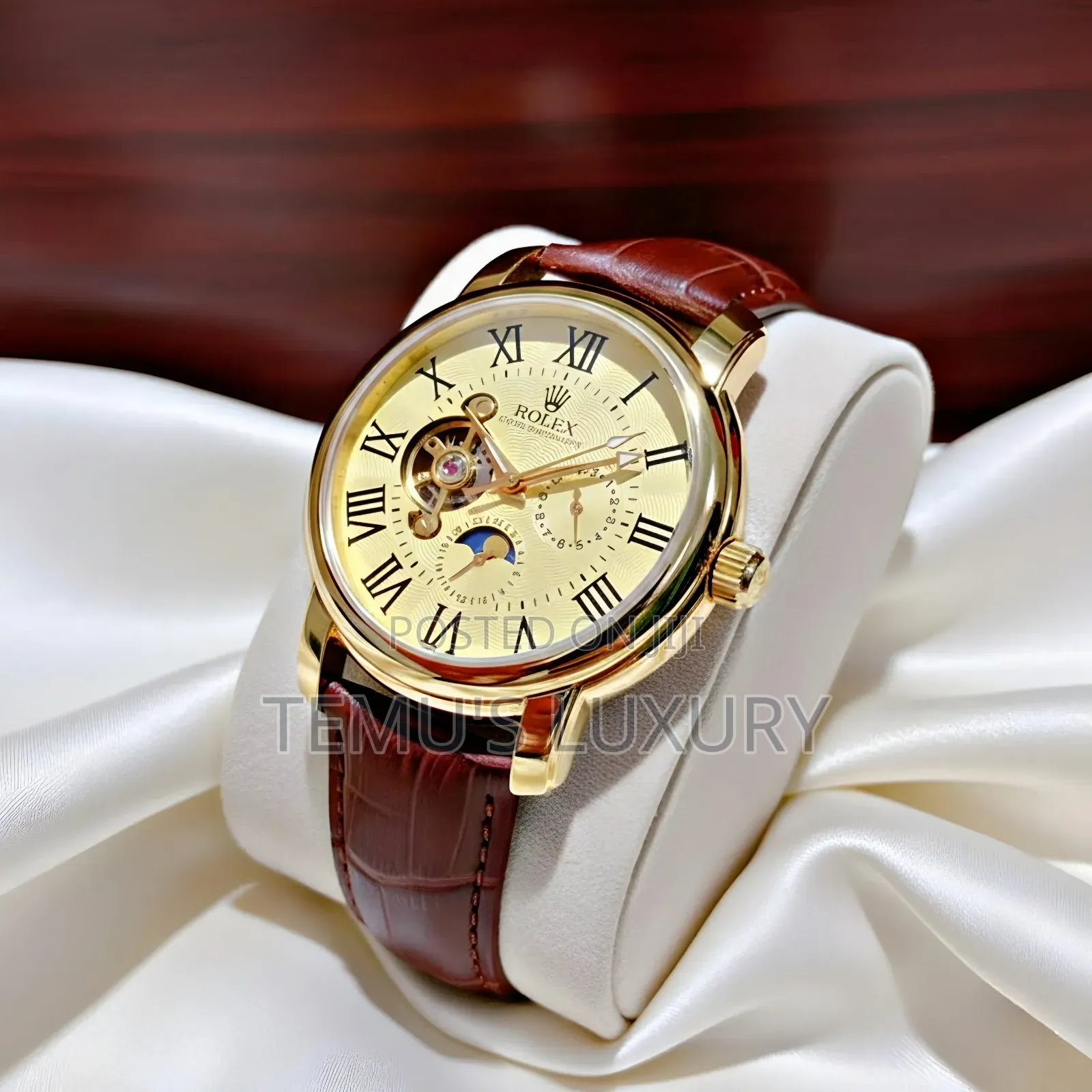 .Rolex Luxury Men’S Gold Leather Automatic Watch - Brand New