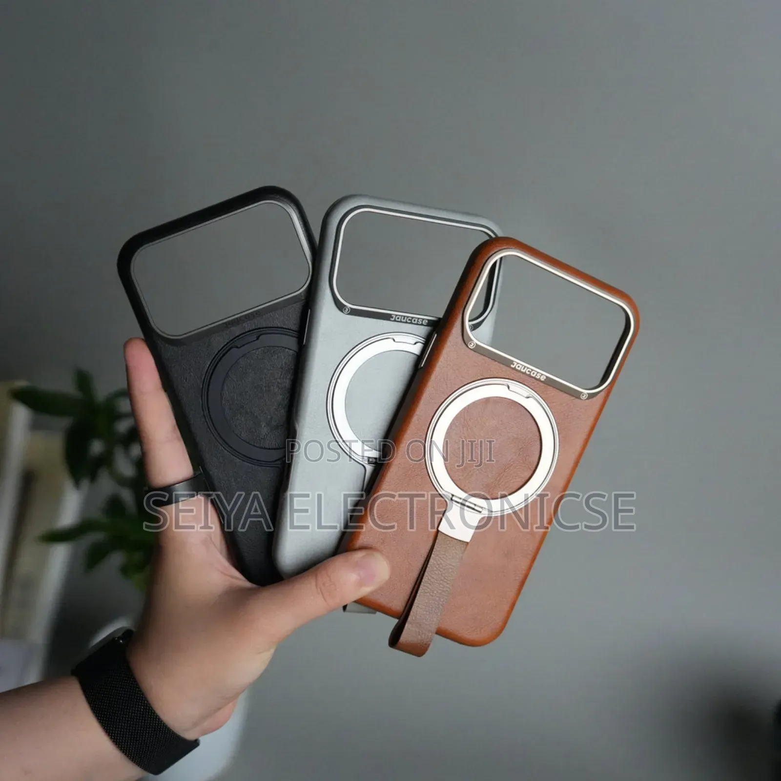 iPhone 17 Pro Max Pu Leather Chrome Side Case With Ring Metal Stand