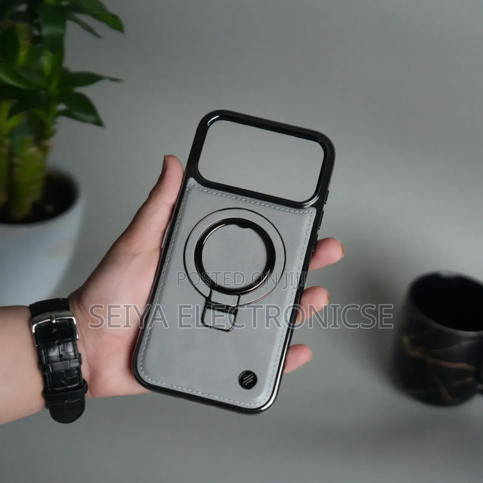 iPhone 17 Pro Max Pu Leather Chrome Side Case With Ring Metal Stand