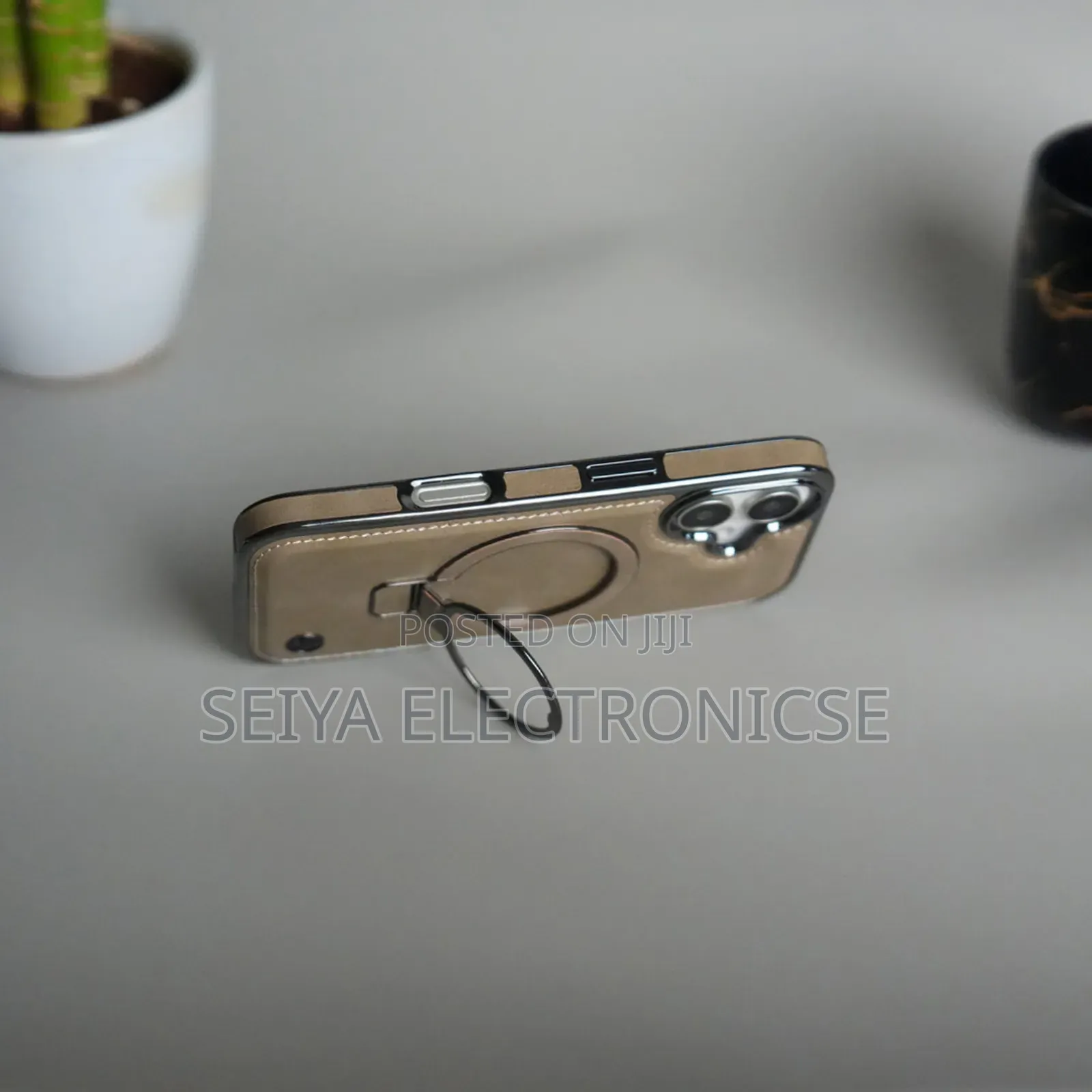 iPhone 17 Pro Max Pu Leather Chrome Side Case With Ring Metal Stand