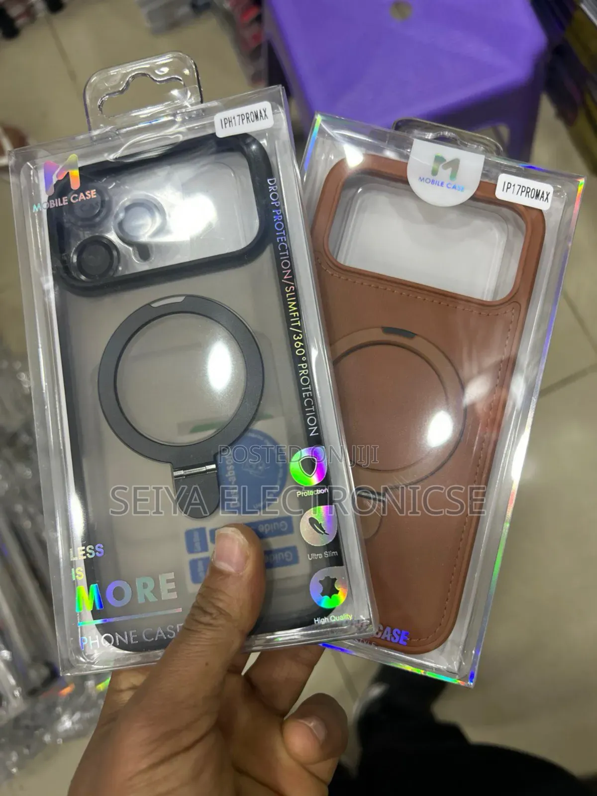 iPhone 17 Pro Max Pu Leather Chrome Side Case With Ring Metal Stand