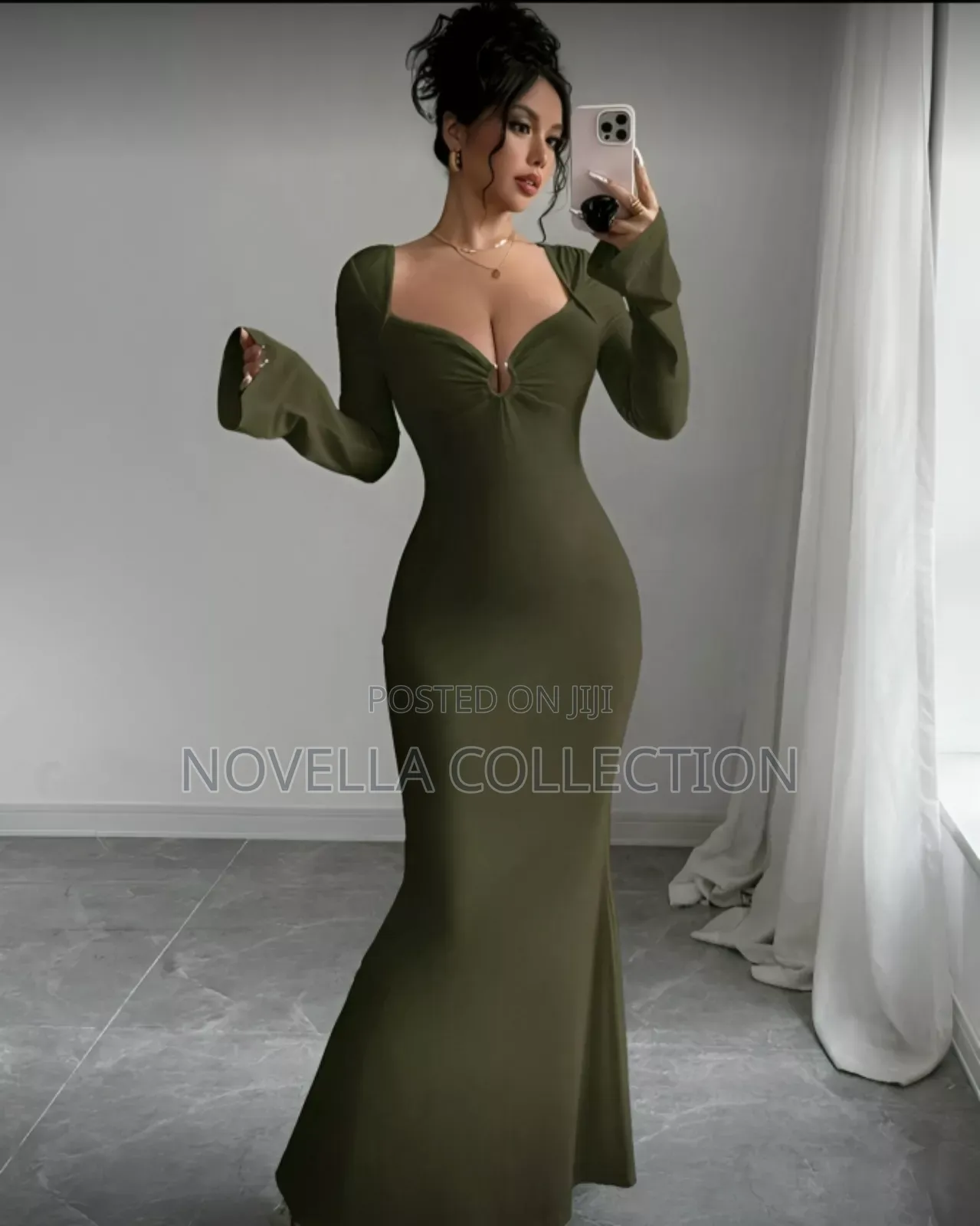 Women's Solid Color Sweetheart Collar Long Sleeve Slim Fit Dress