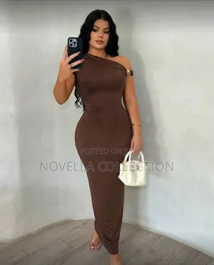 Asymmetrical Neckline Brown Metal Buckle Decor Fitted Elegant Dress