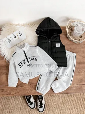 Mk- 0745 3 Piece Set Polo Collar Solid Sweatshirt Pant and Hooded Vest