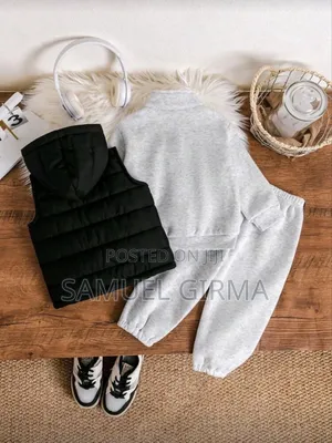 Mk- 0745 3 Piece Set Polo Collar Solid Sweatshirt Pant and Hooded Vest