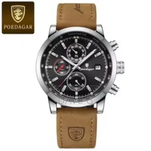 Poedagar Men's Chronograph Watch With a Silver Case and Leather Strap