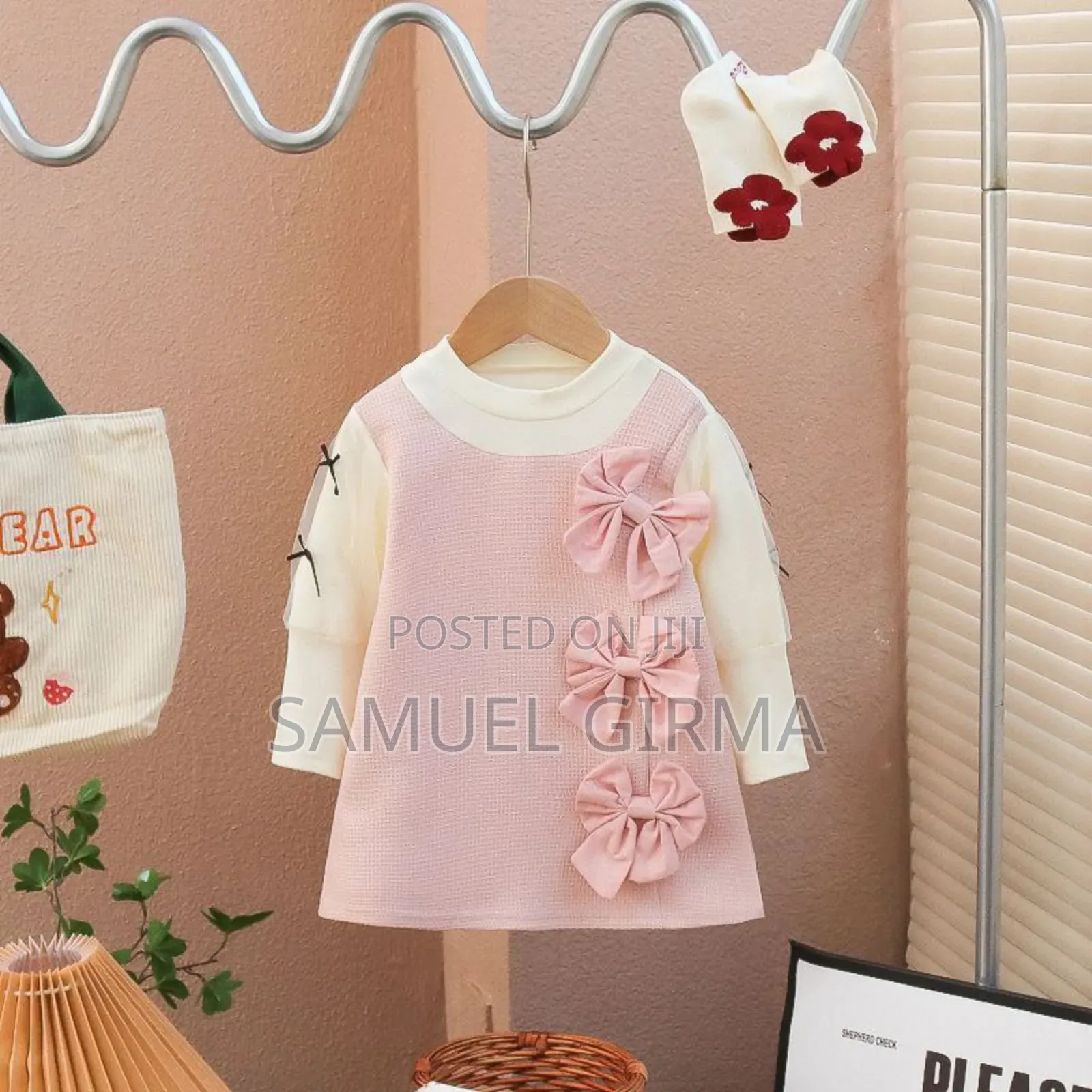 Mk- 0707 Girls Bow Decor Long-Sleeve Dress Size: 1 - 4 Years