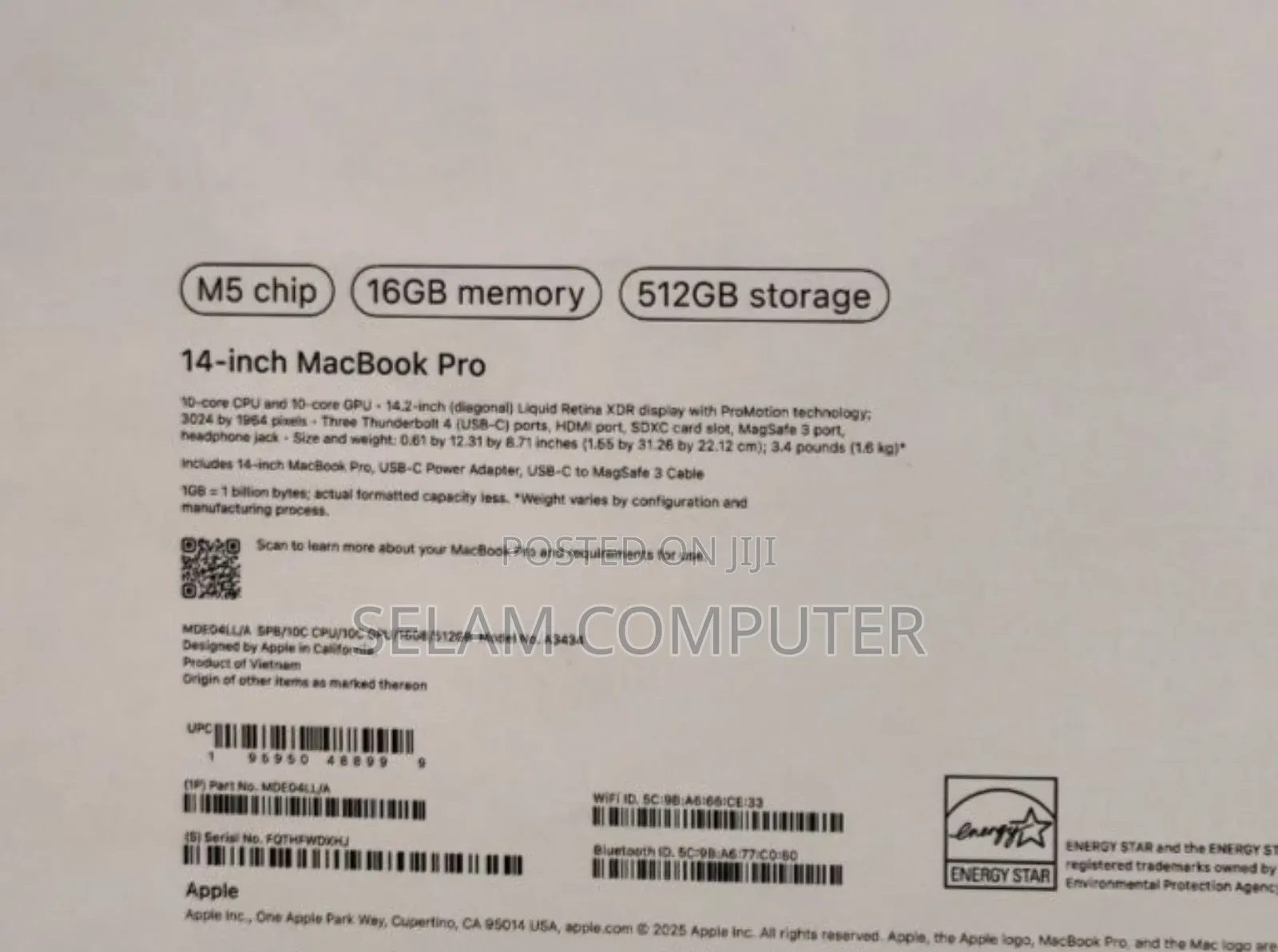 New Laptop Apple Macbook Pro 2025 M5 14-Inch 16GB Apple M5 SSD 512GB