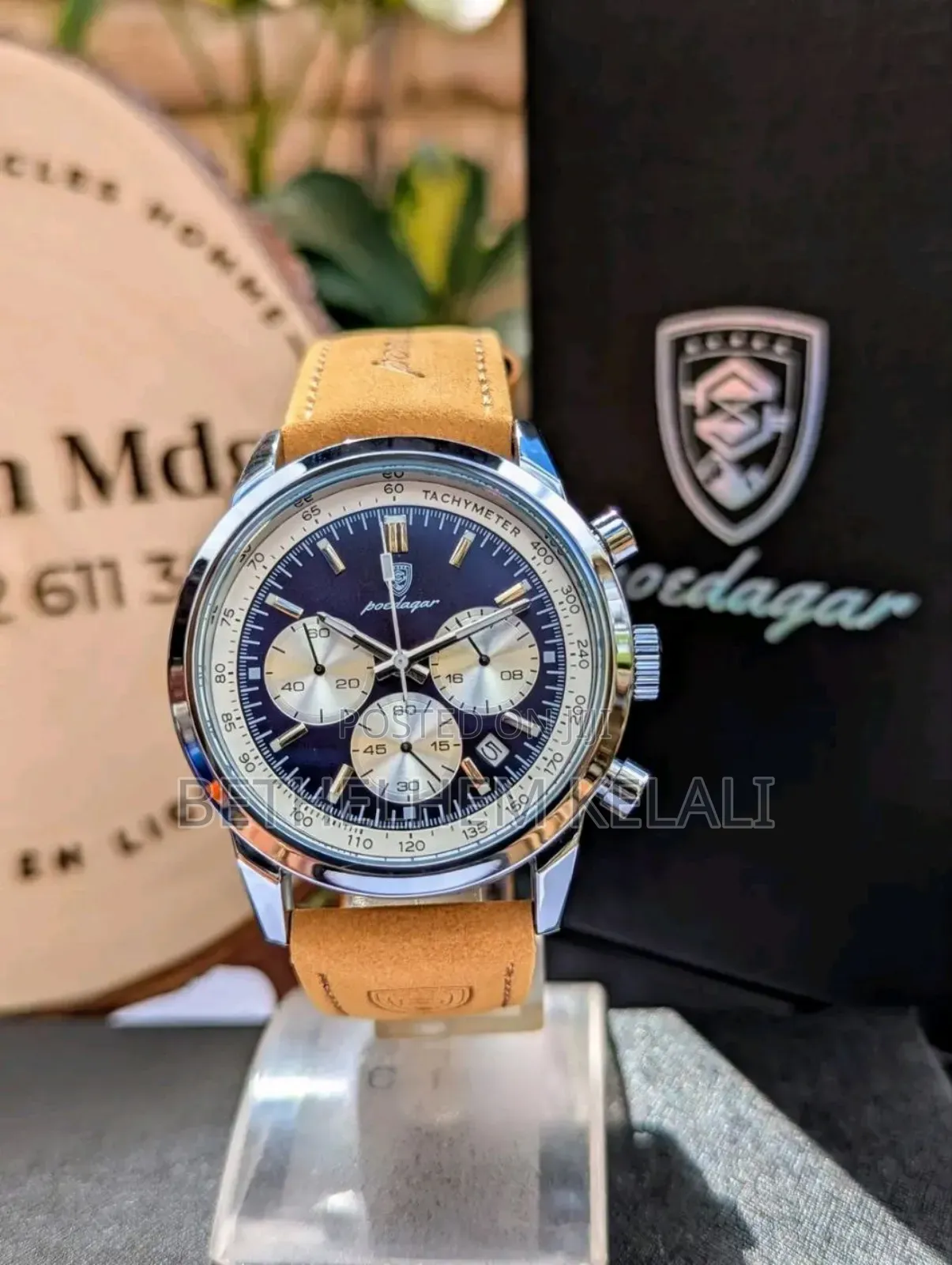 Poedagar Men's Chronograph Quartz Watch With a Brown or Tan Leather
