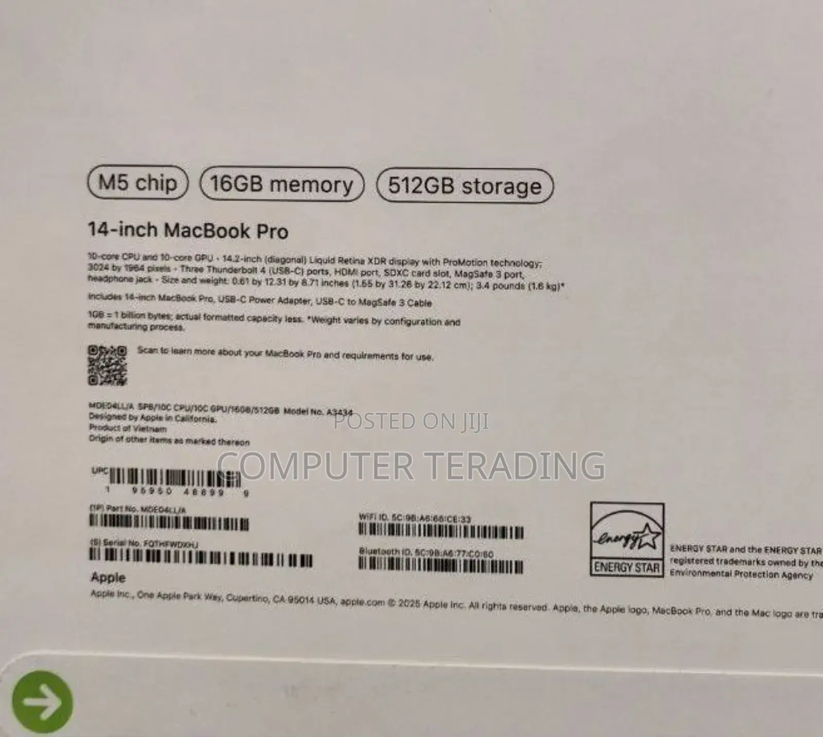 New Laptop Apple Macbook Pro 2025 M5 14-Inch 16GB Apple M5 SSD 512GB
