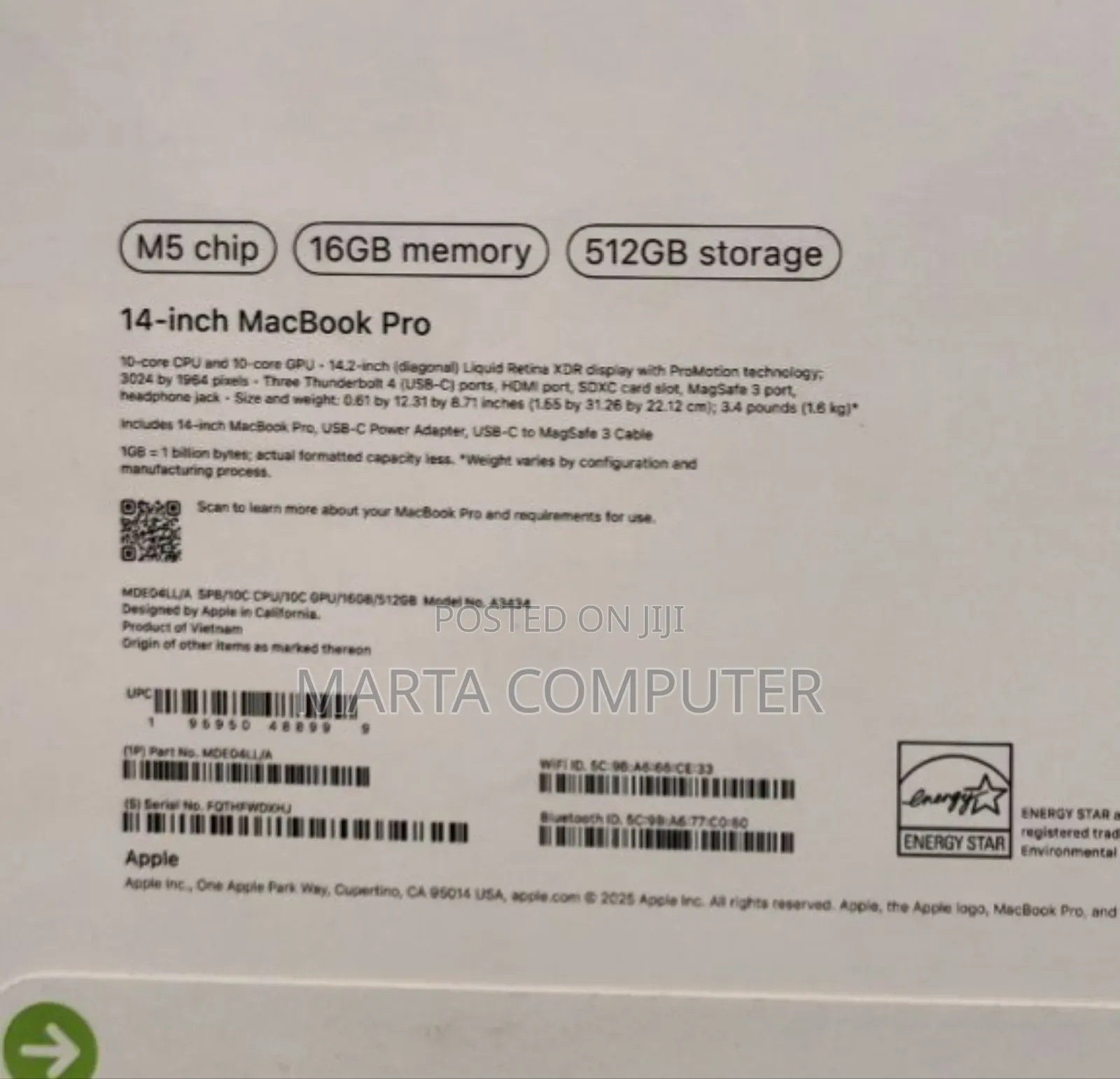 New Laptop Apple MacBook Pro 16GB Apple M5 SSD 512GB