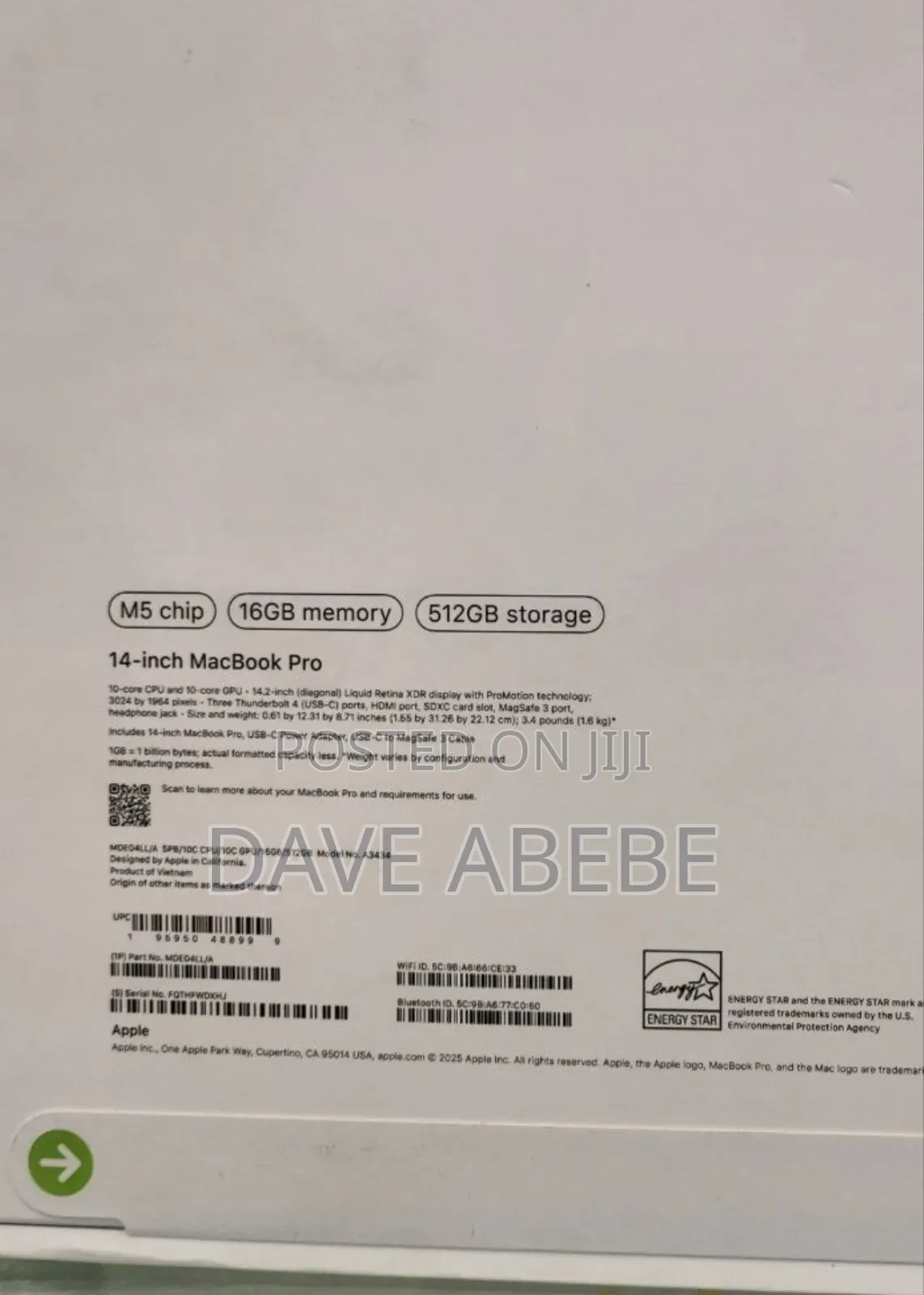 New Laptop Apple Macbook Pro 2025 M5 14-Inch 16GB Apple M5 SSD 512GB