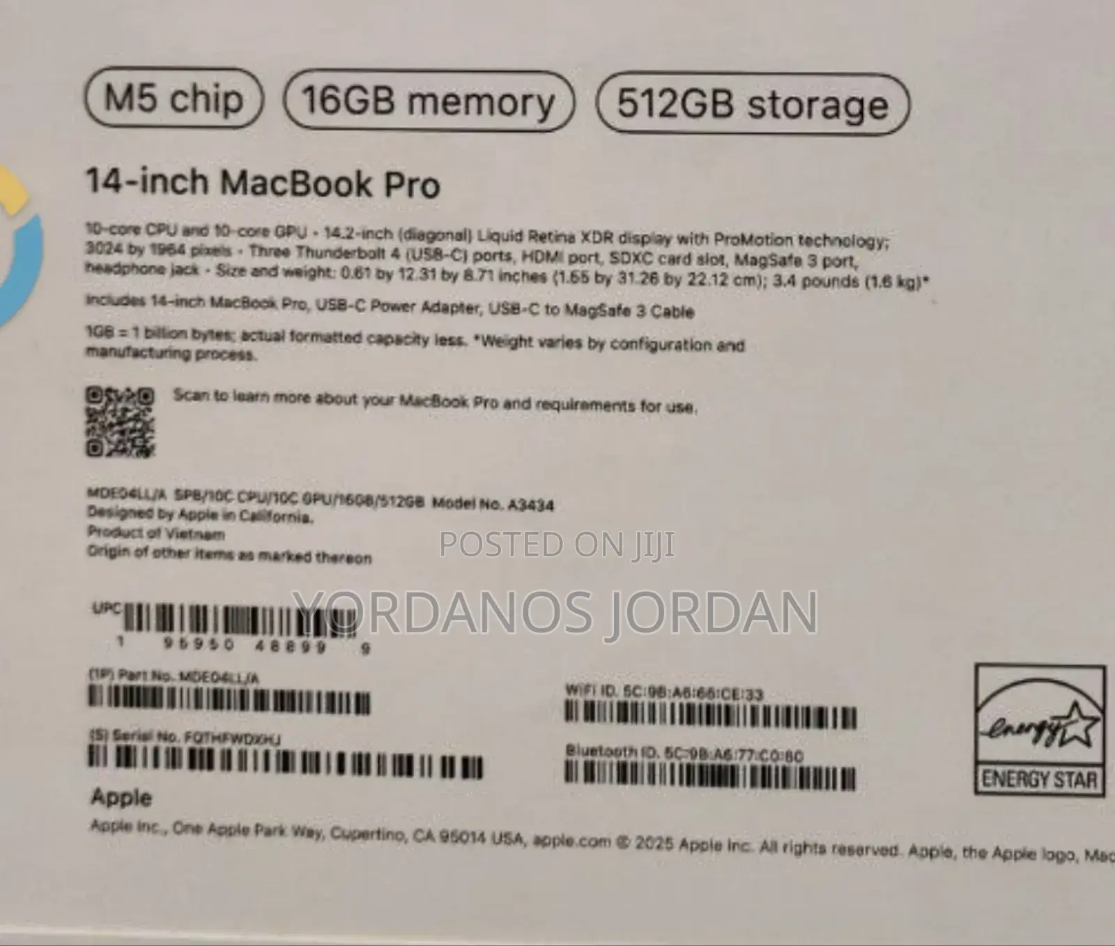 New Laptop Apple Macbook Pro 2025 M5 14-Inch 16GB Apple M5 SSD 512GB