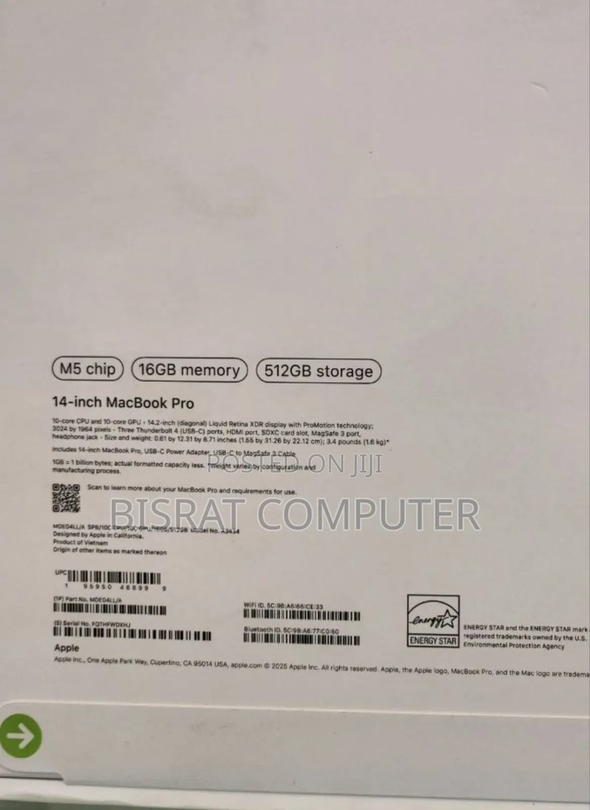 New Laptop Apple MacBook 16GB Apple M5 SSD 512GB