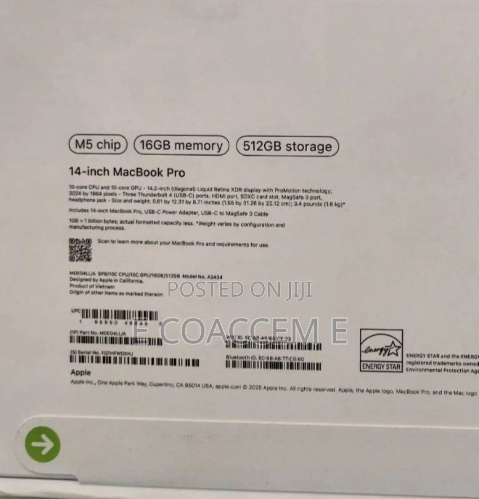 New Laptop Apple Macbook Pro 2025 M5 14-Inch 16GB Apple M5 SSD 512GB