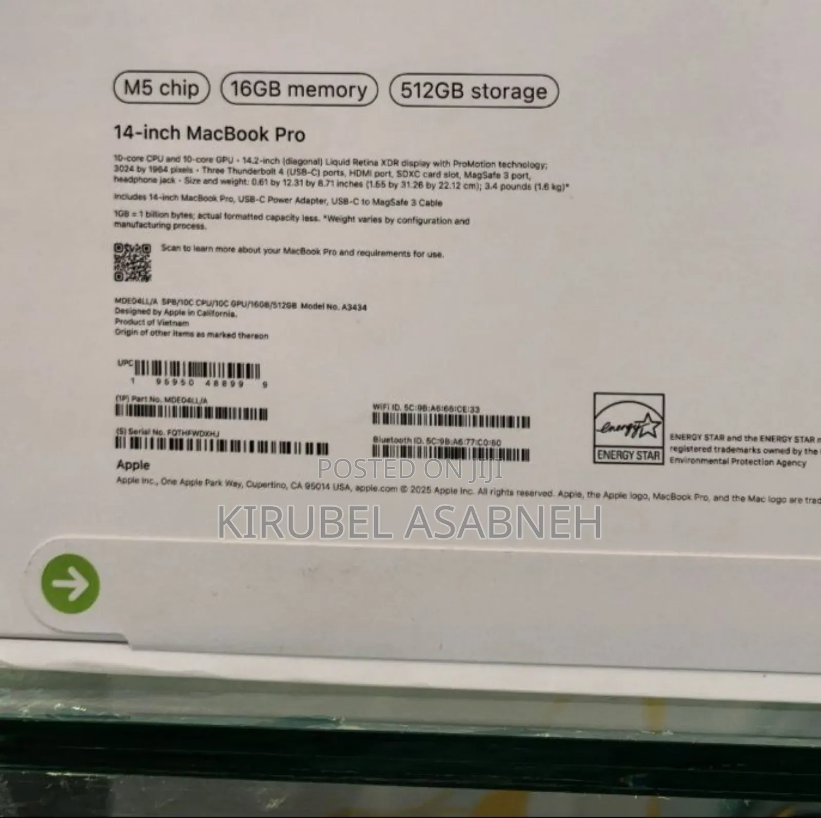 New Laptop Apple Macbook Pro 2025 M5 14-Inch 16GB Apple M5 SSD 512GB