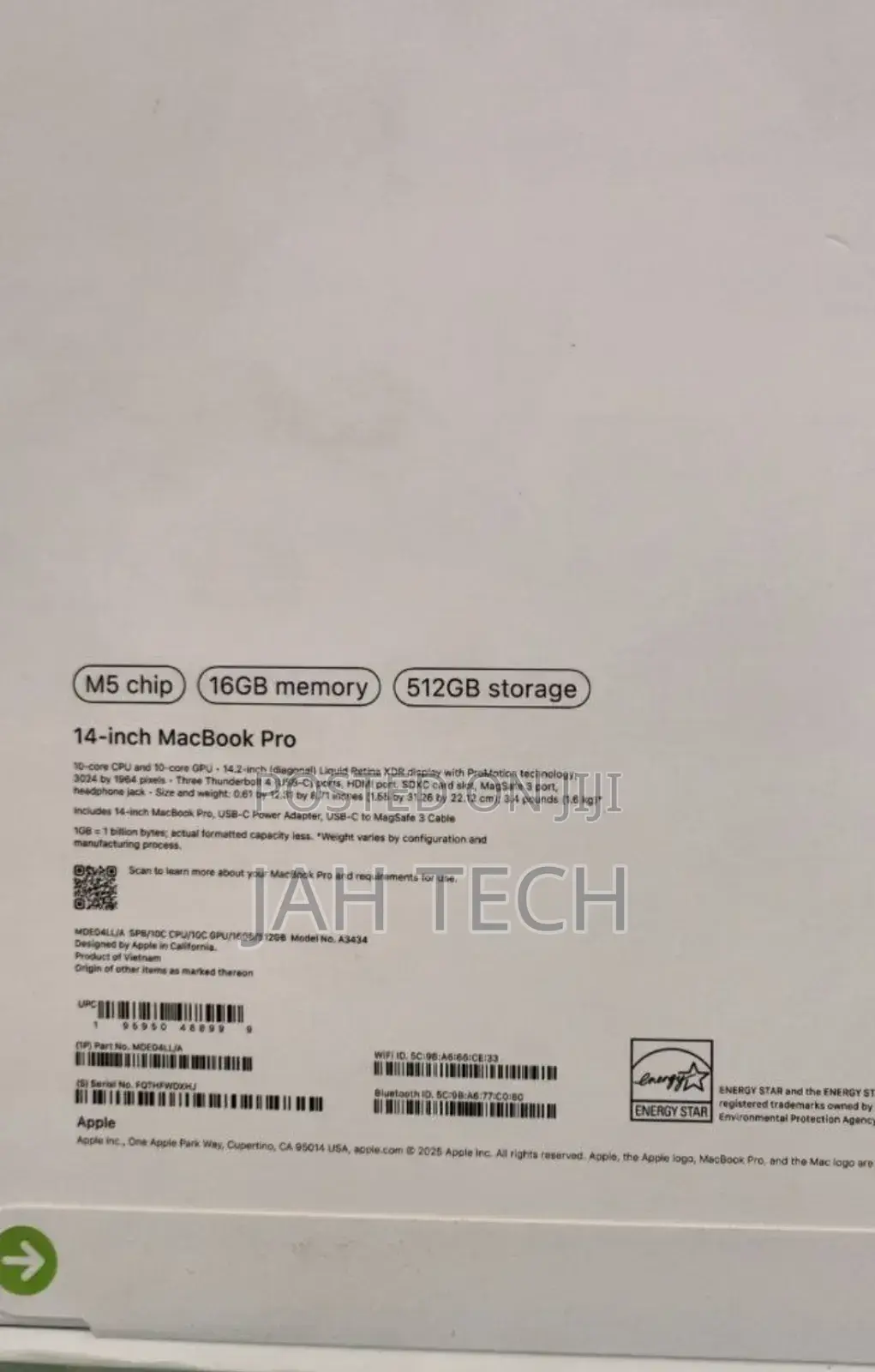 New Laptop Apple Macbook Pro 2025 M5 14-Inch 16GB Apple M5 SSD 512GB