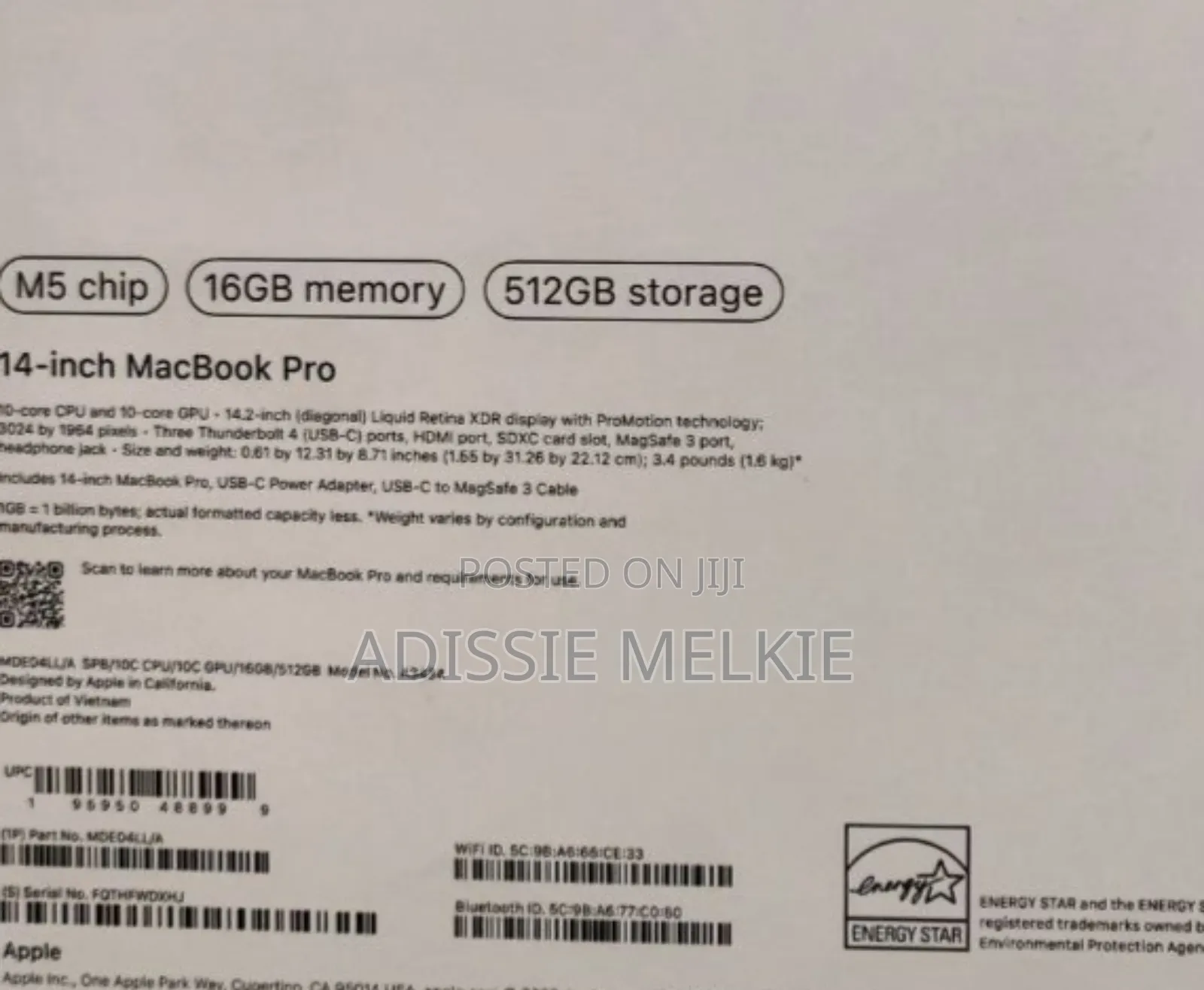 New Laptop Apple Macbook Pro 2025 M5 14-Inch 16GB Apple M5 SSD 512GB