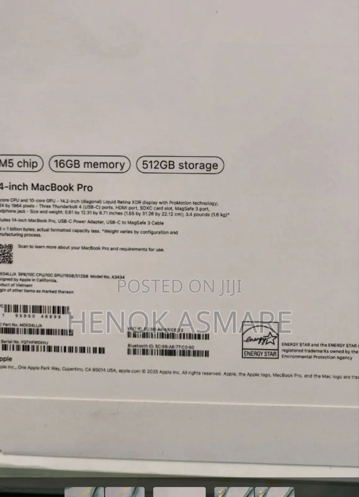 New Laptop Apple MacBook Pro 16GB Apple M5 SSD 512GB