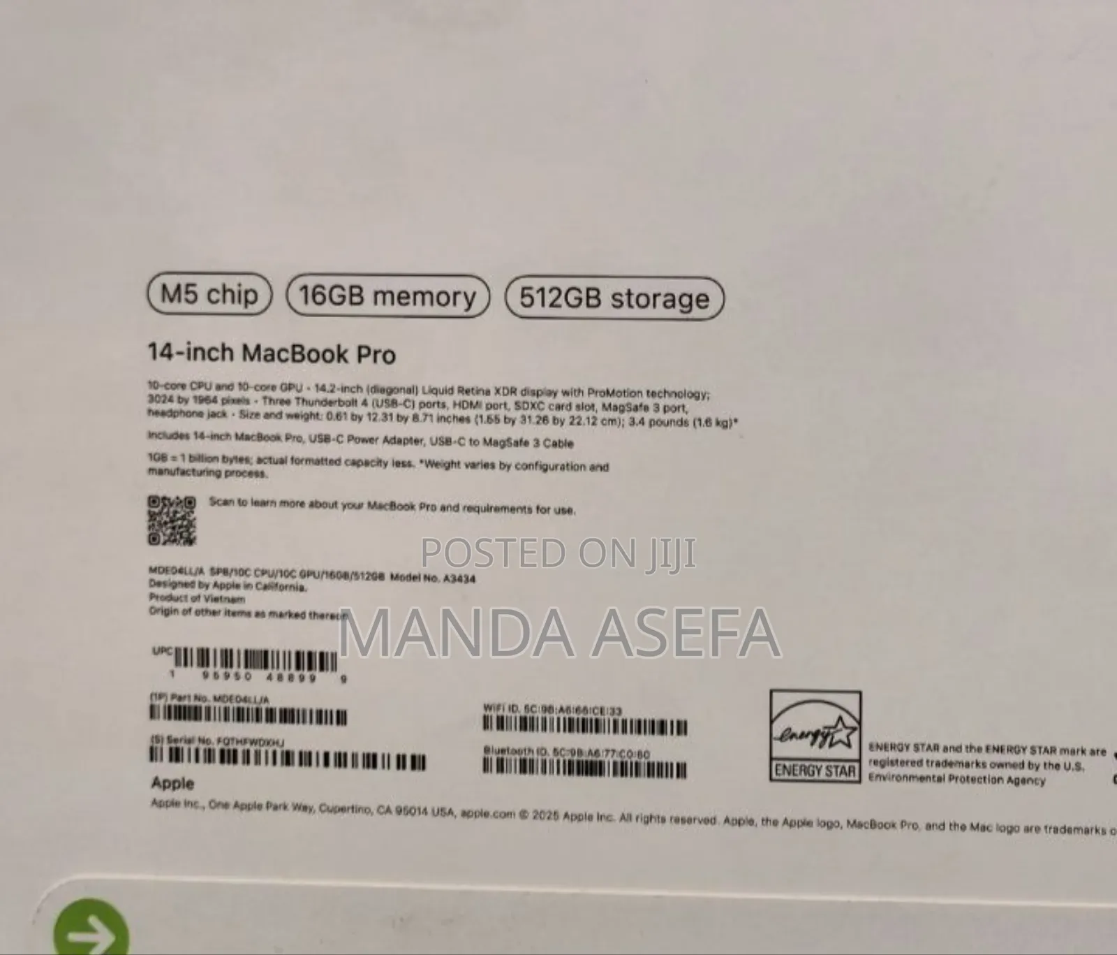 New Laptop Apple MacBook Pro 16GB Apple M5 SSD 512GB