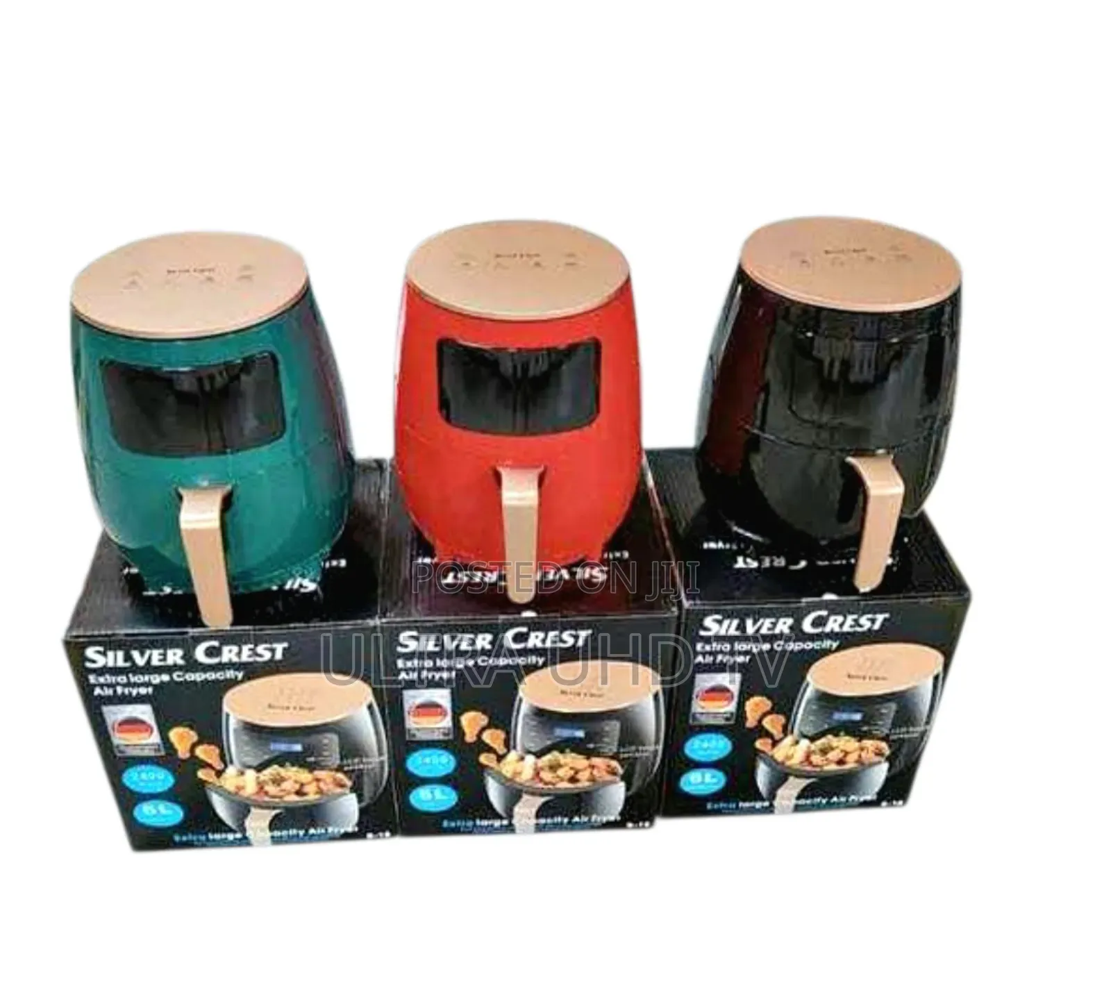 Silver Crest 6l Digital Air Fryers in Green, Red, and Black.