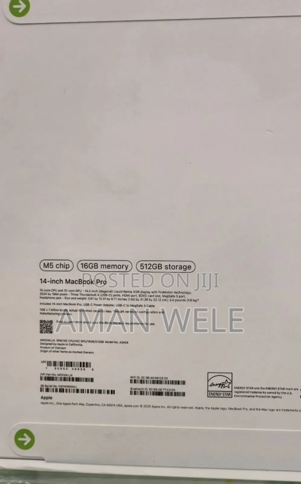 New Laptop Apple Macbook Pro 2025 M5 14-Inch 16GB Apple M5 SSD 512GB