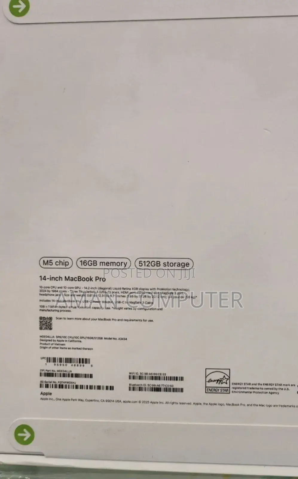 New Laptop Apple Macbook Pro 2025 M5 14-Inch 16GB Apple M5 SSD 512GB