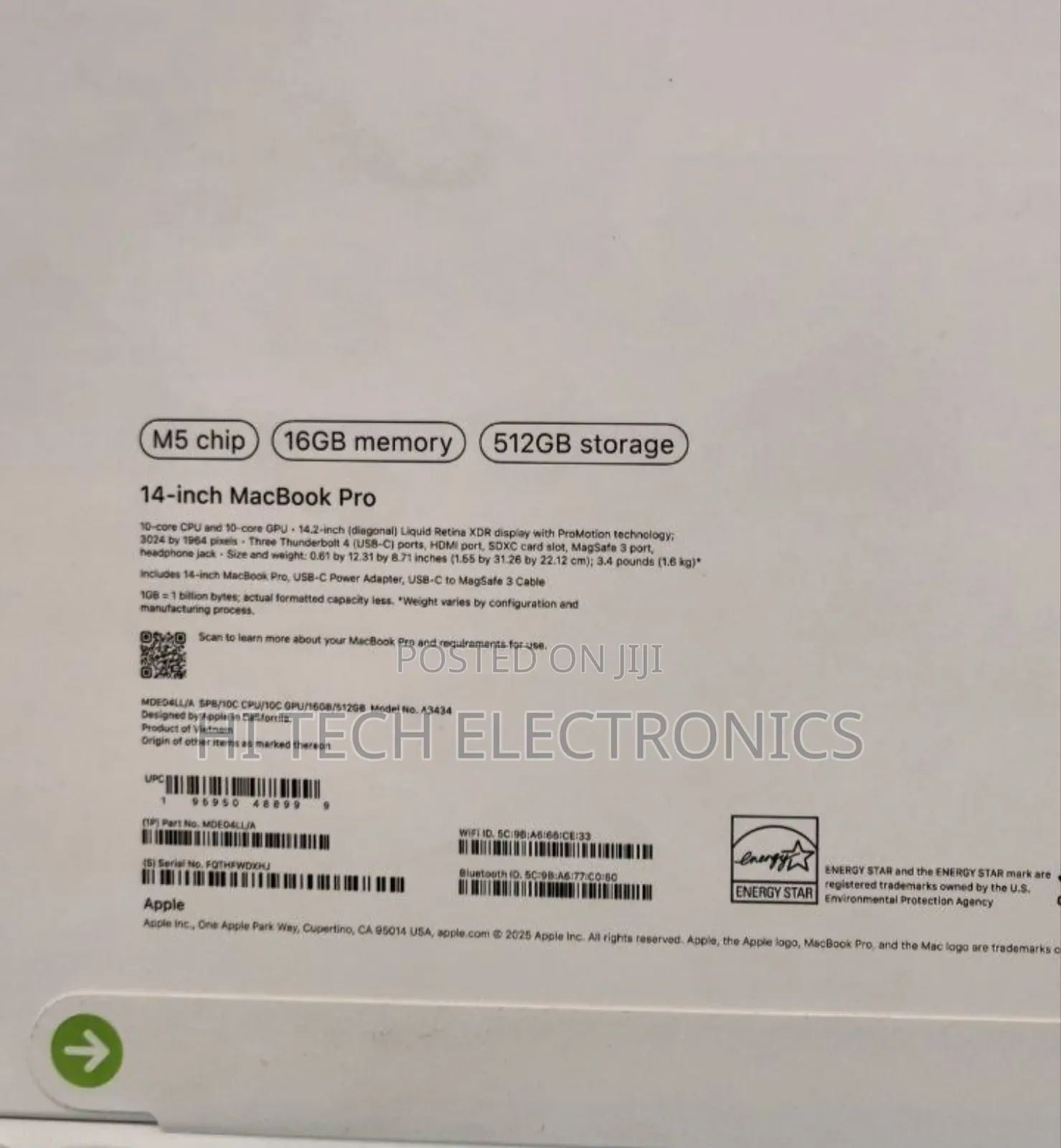 New Laptop Apple Macbook Pro 2025 M5 14-Inch 16GB Apple M5 SSD 512GB