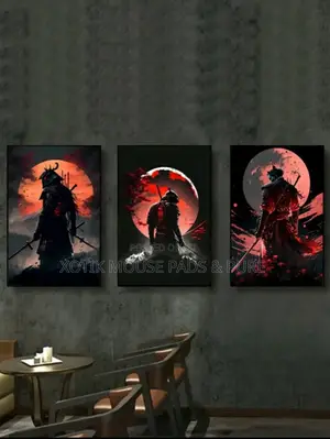 3pcs Samurai Against Red Moon Mountain Wall Art Canvas - Wall Poster