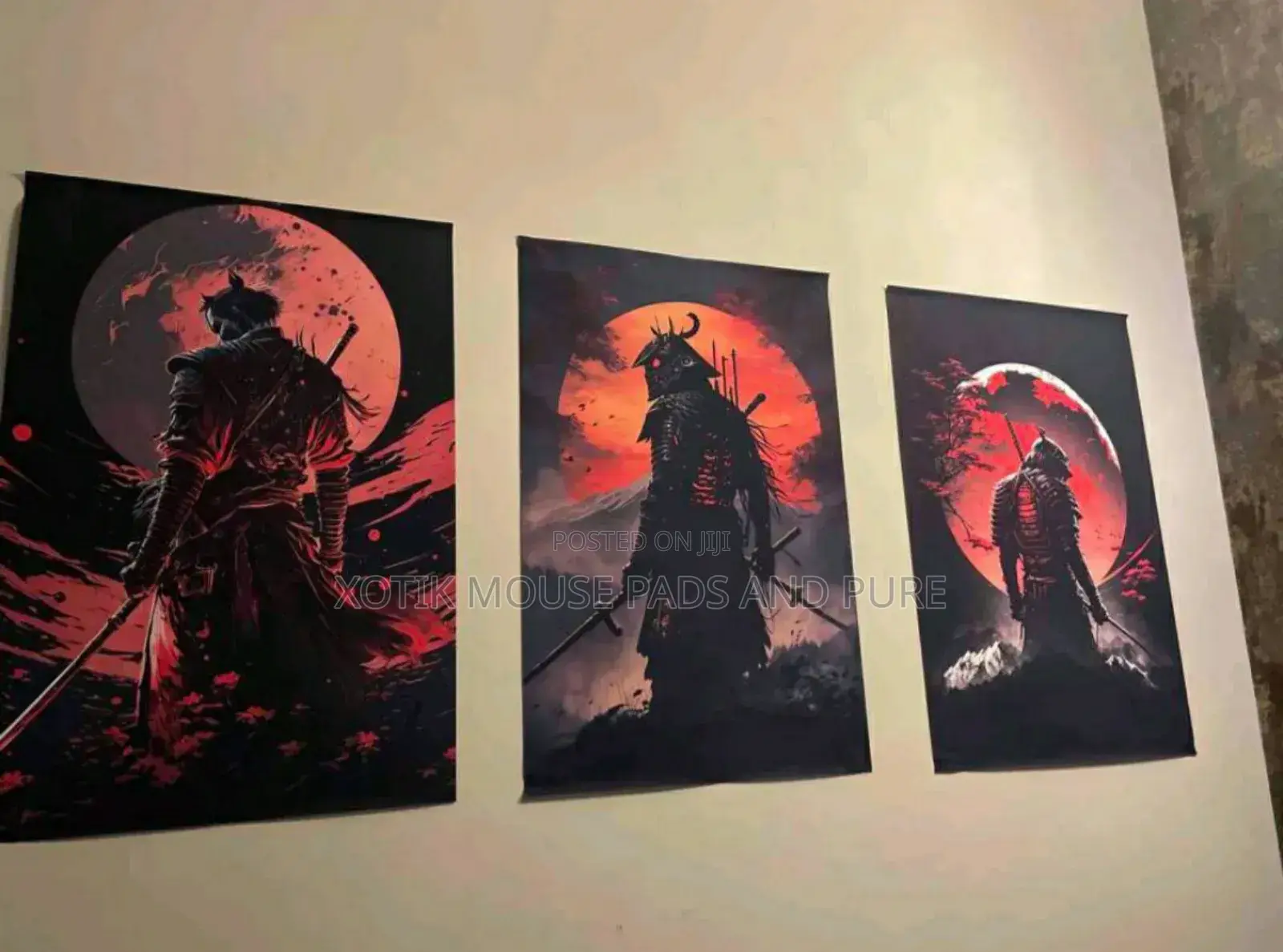 3pcs Samurai Against Red Moon Mountain Wall Art Canvas - Wall Poster