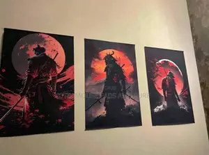 3pcs Samurai Against Red Moon Mountain Wall Art Canvas - Wall Poster