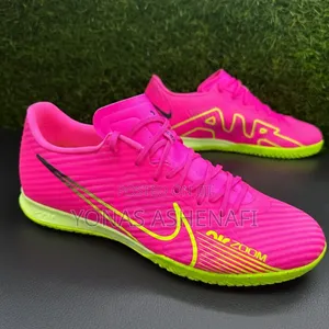 The Nike Mercurial Zoom Vapor 15 Academy Indoor Soccer , "Pink /Volt"