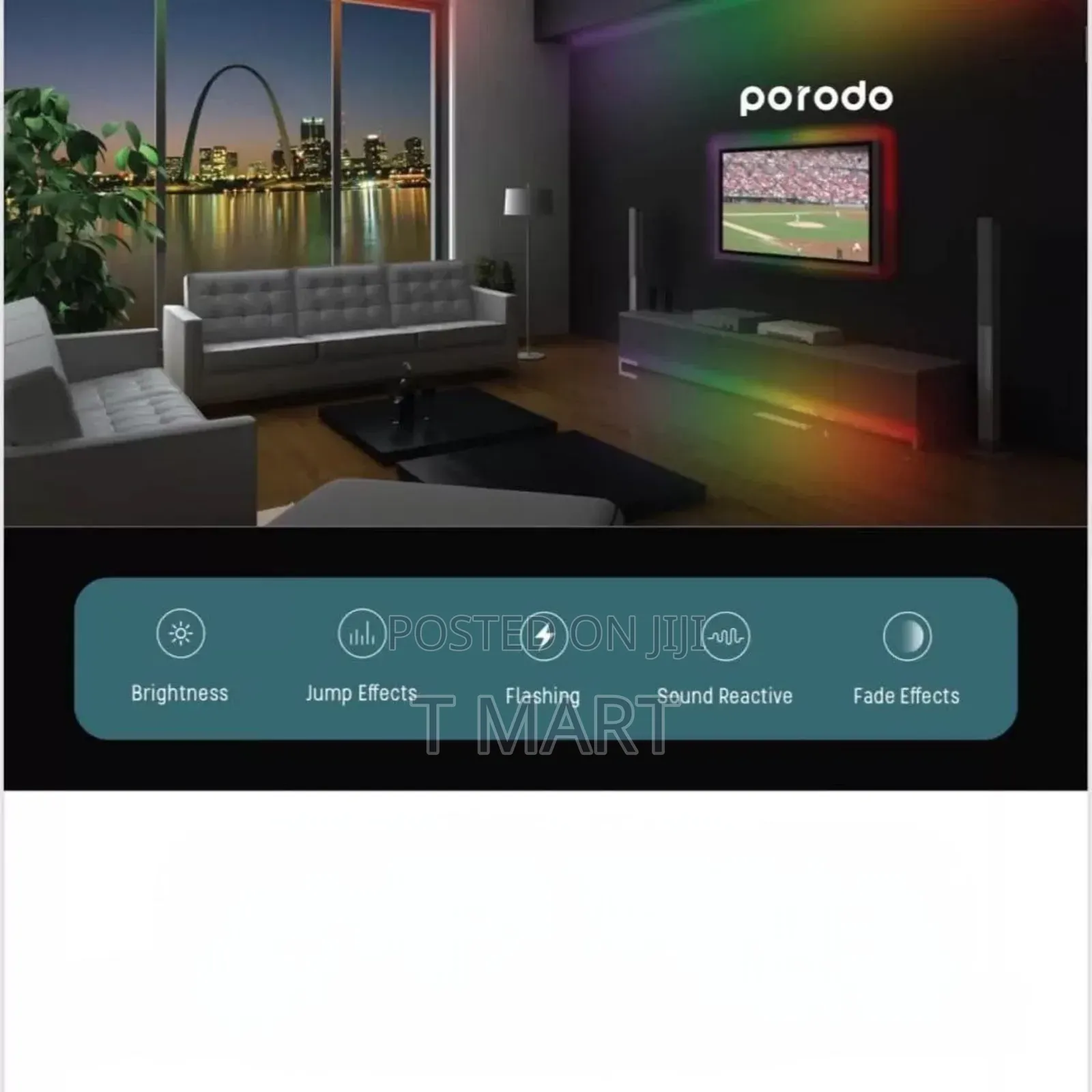 Porodo Blue Sound Reactive RGB Strip Light With Remote Control