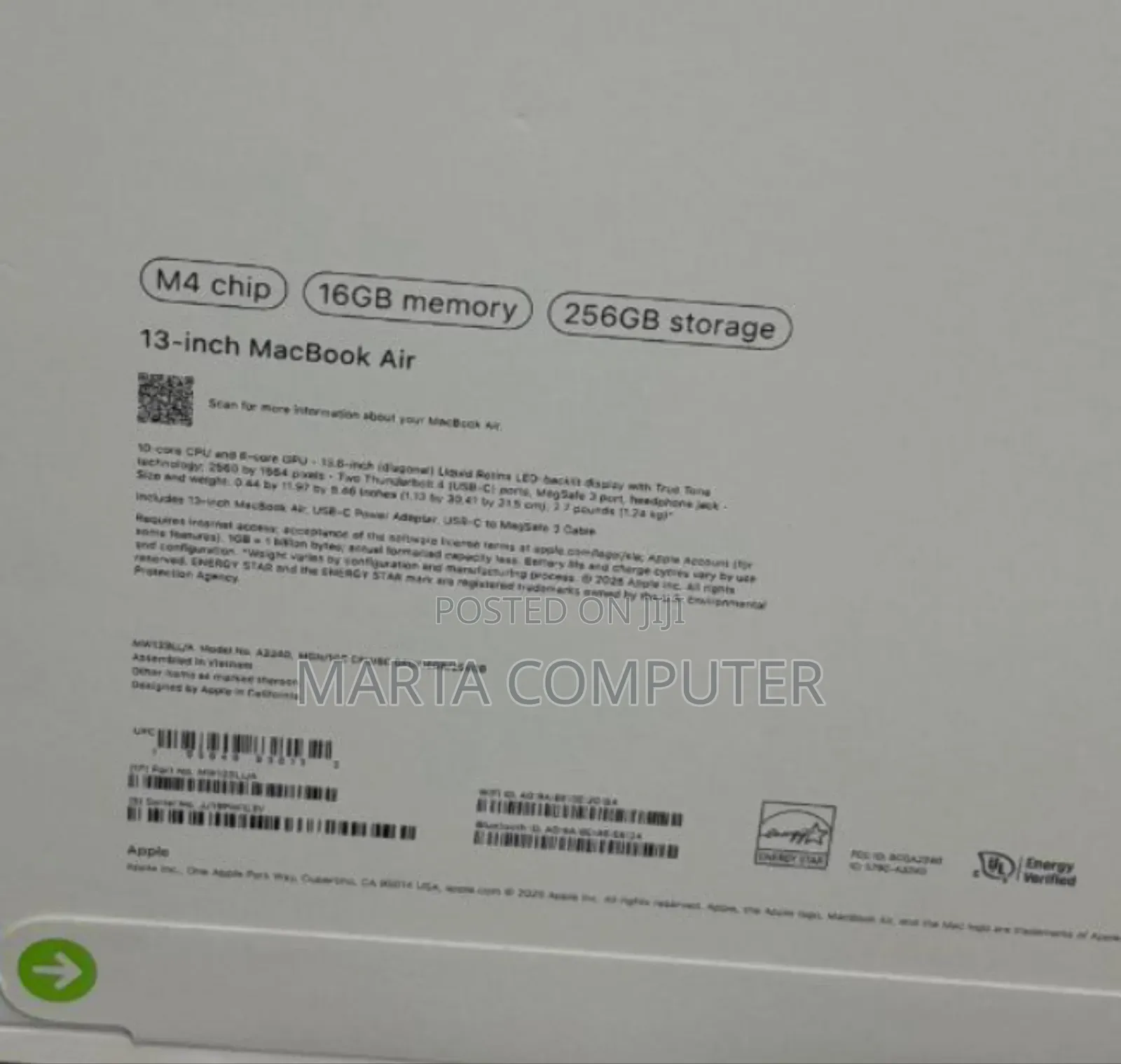 New Laptop Apple MacBook Air 16GB Apple M4 SSD 256GB